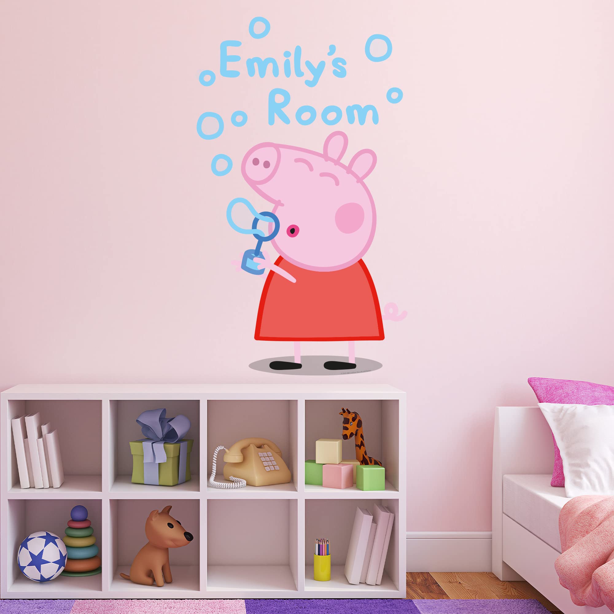 Peppa Pig Wall Sticker - Peppa Blowing Bubbles Personalised Name Wall Decal Kids Art (90cm Height x 55cm Width)