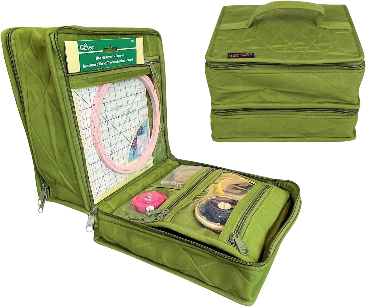 Yazzii Deluxe Double Organizer Tote Bag - Portable Storage Organizer - Multipurpose Storage Organizer for Crafts, Toiletries, Medication, Cosmetics & Jewelry Green