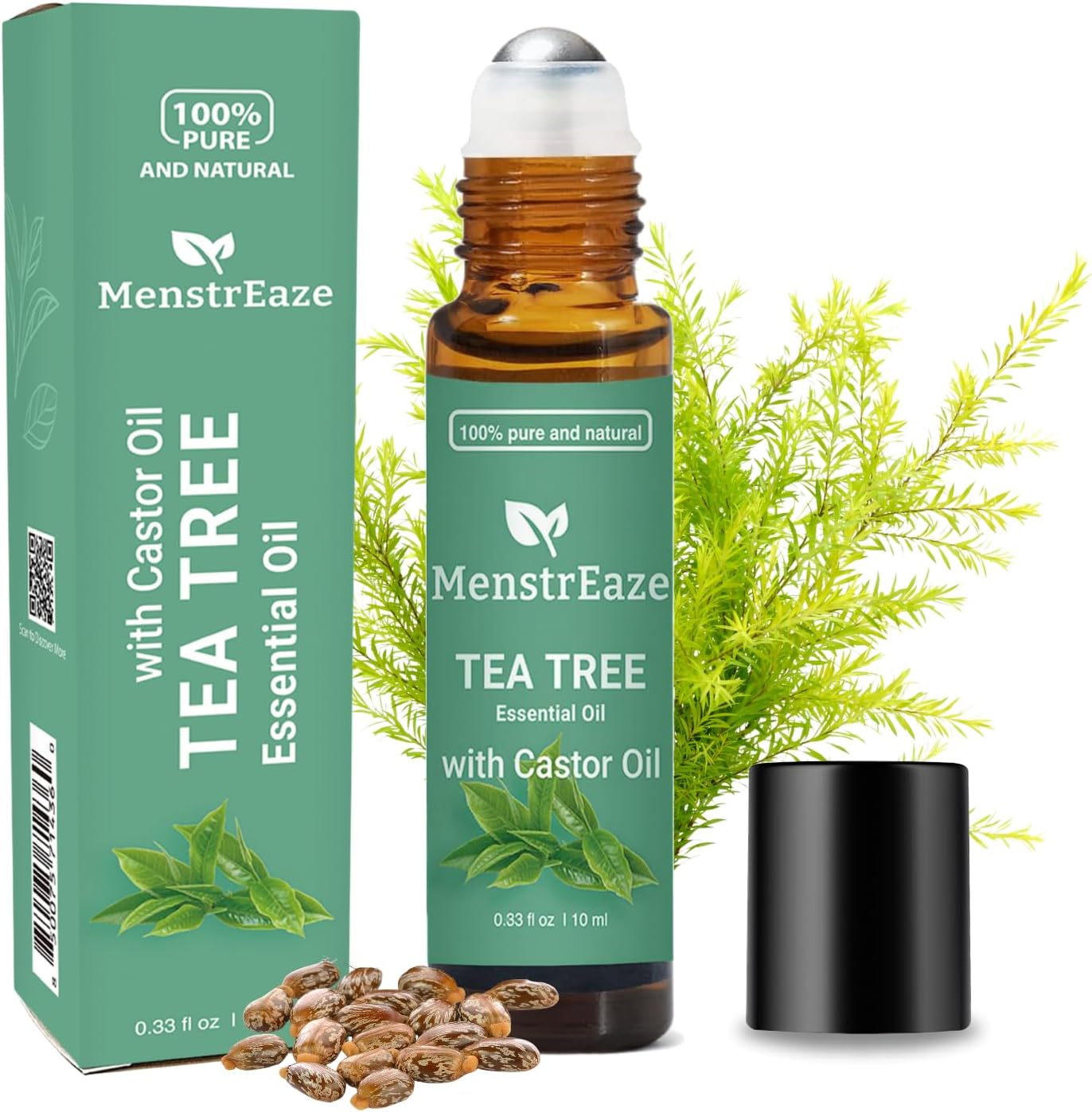 Tea Tree & Castor Esssential Oil Roll On, Premium Quality, Completely Natural & Pure, Tea Tree Oil for Face Acne, Skin & Nails, Skin Nourishing, Aches Relief, 10ml
