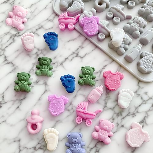 Miniatura 5 de Paquete de 2 moldes de silicona para bebés, moldes de silicona para chocolate con moldes de pies de bebé, botella, moldes de oso para decoración de