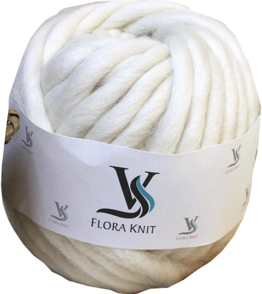 Merino Wool Super Chunky - Bulky Roving Yarn for Finger Knitting, Crocheting Felting, Making Rugs Blanket and Crafts by Flora Knit (Cream, Mini-10mm 0.55LB).