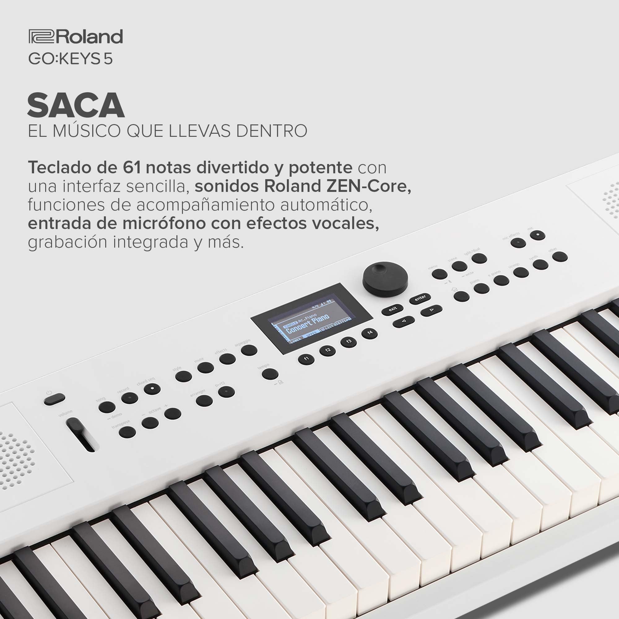 Teclado para creación musical Roland GO:KEYS 5 | Teclado de 61 notas | Generador ZEN-Core con más de 1.000 sonidos integrados | Altavoces estéreo integrados | Entrada de micro – Blanco