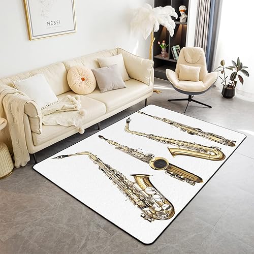 Miniatura 1 de jejeloiu Alfombra de saxofón de 5 x 7 pies para niños, alfombra de música de jazz para sala de estar, dormitorio, con parte trasera, instrumento