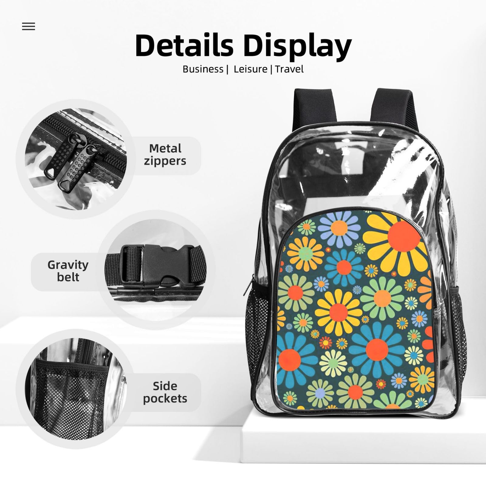 Hippie Pattern Stampa Trasparente Leggero 3 Pezzi Lunch Bag Combo Trasparente Zaino Set Scuola Viaggio