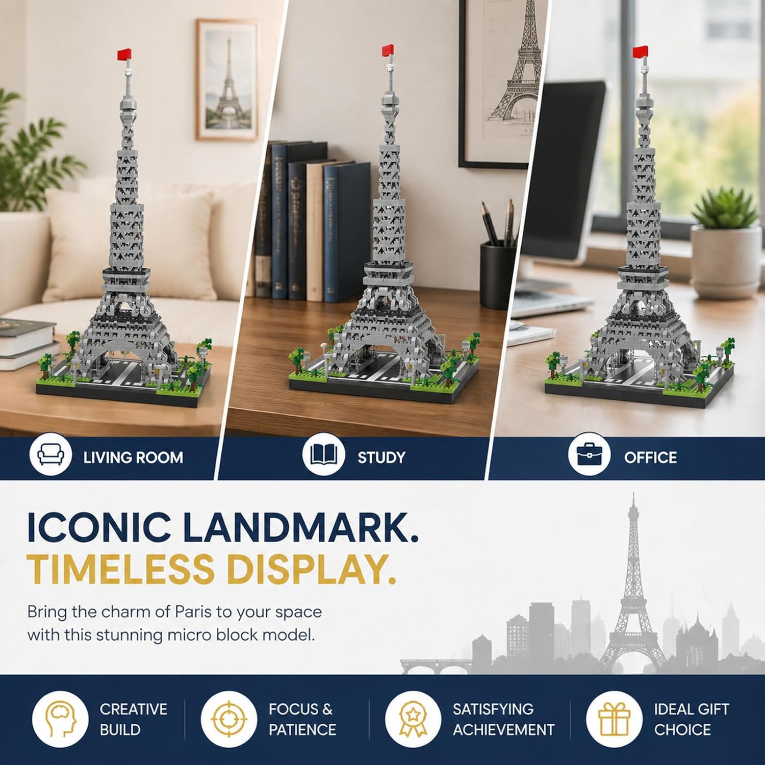 1290+ Micro Diamond Particle Building Blocks, Eiffel Tower Architecture Model Kit, Mini Bricks Building Set for Adults & Collectors, DIY Brick Set with Ornament Display Base (16x16x33cm)
