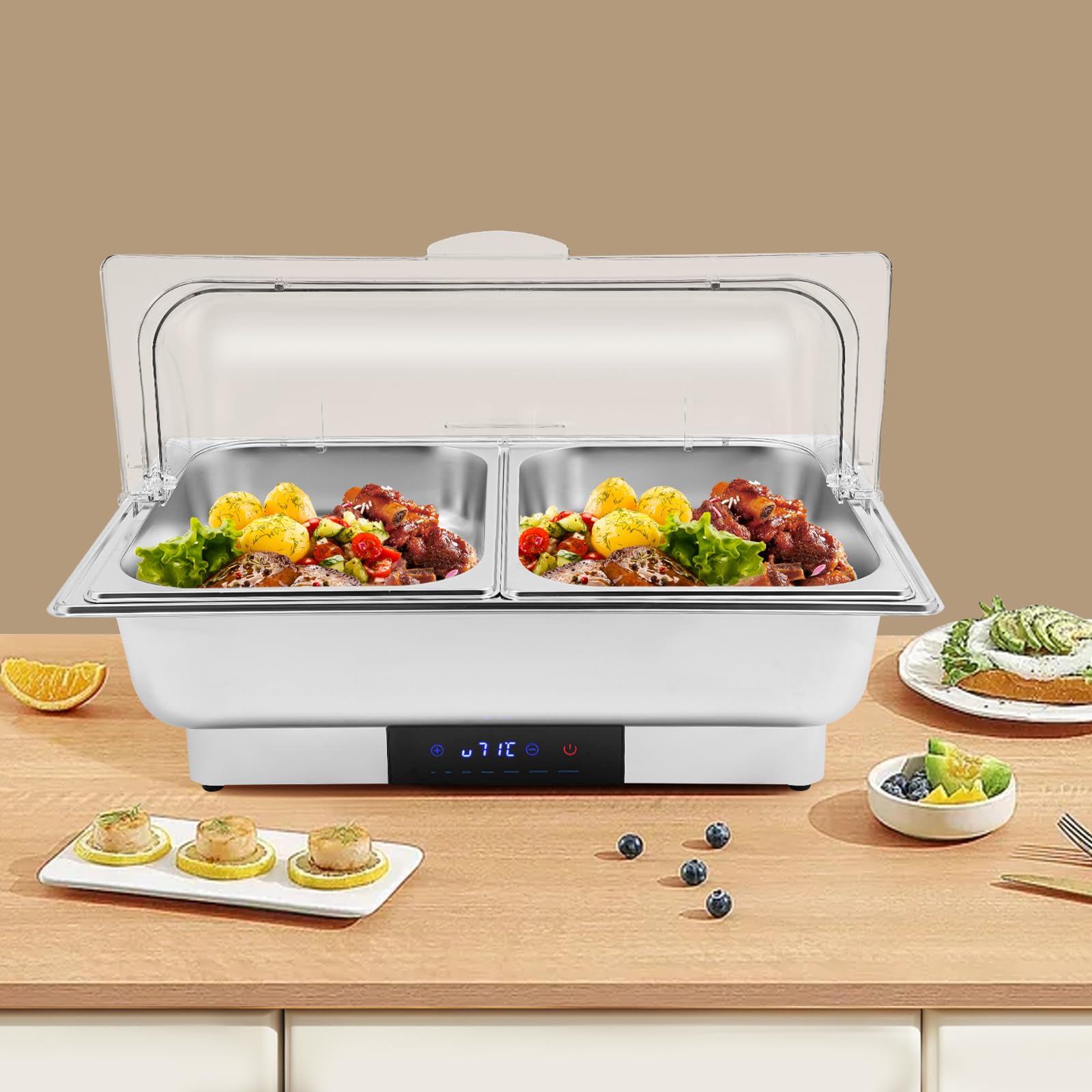 Chafing Box elettrico con 2 padelle, server a buffet da 9 l e scaldabagno in acciaio inox con indicatore di controllo della temperatura e coperchio trasparente, scalda cibo commerciale per feste