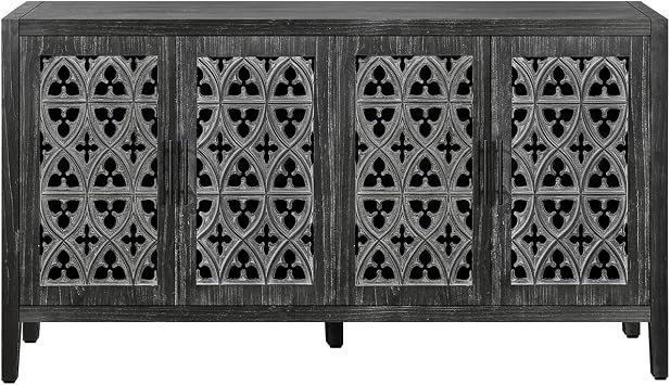 60 Sideboard 4-Door, Antique Buffet Storage Cabinets with Adjustable Shelve & Hollowed-Out Pattern, Kitchen Living Room Furniture Art Deco (Antique Black)