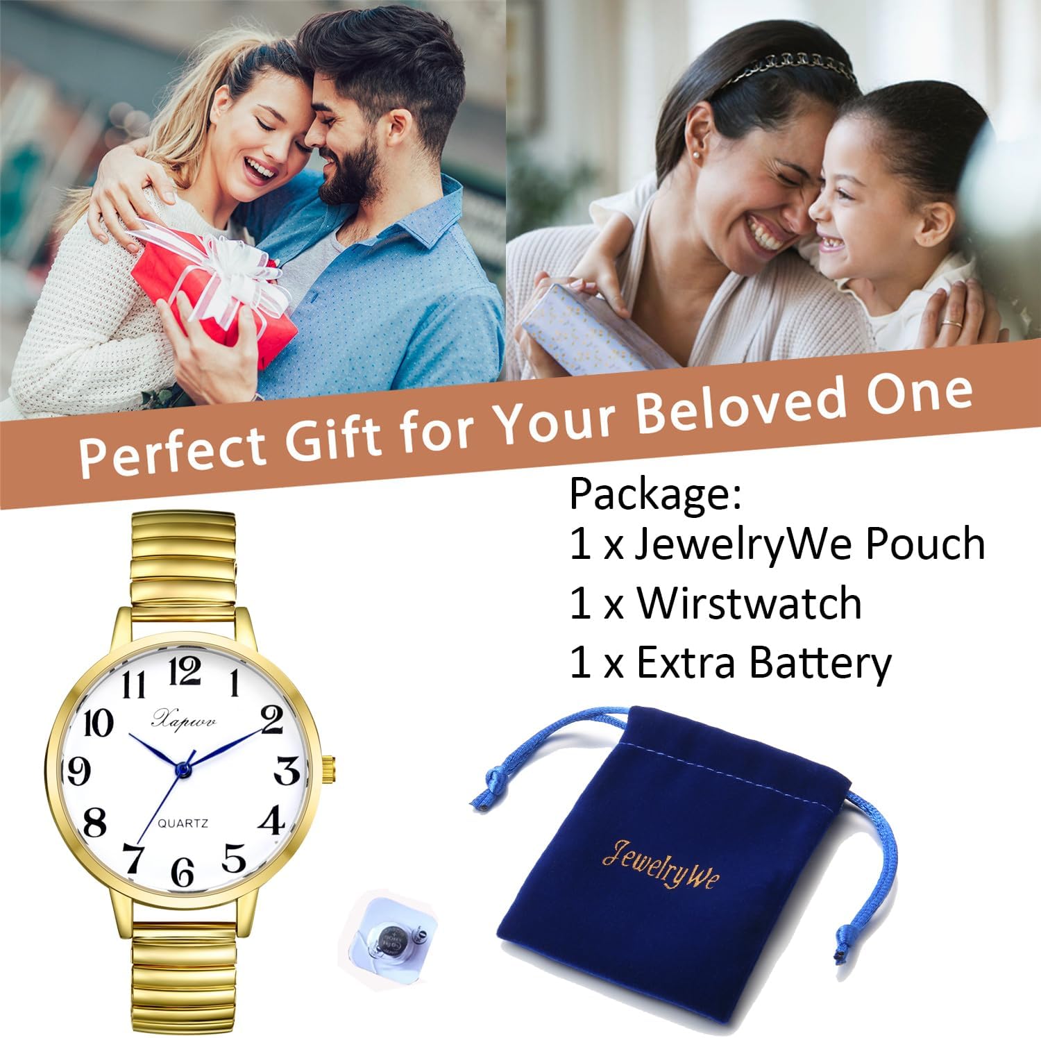 JewelryWe Women's Big Dial Easy Reader Watch Gold/Silver Tone Elastic Stretch Band Wristwatch for Valentine's Day - Image 4