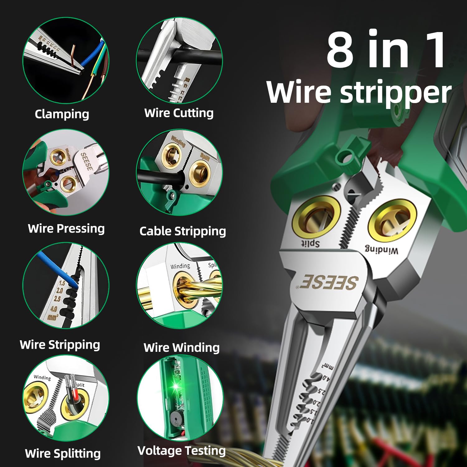 8-in-1 Wire Stripper for Electrician: Needle Nose Pliers with Voltage Tester & Dual Alarms - Electrical Pliers for Cutting Wires, Pulling Wires and Crimp Wires