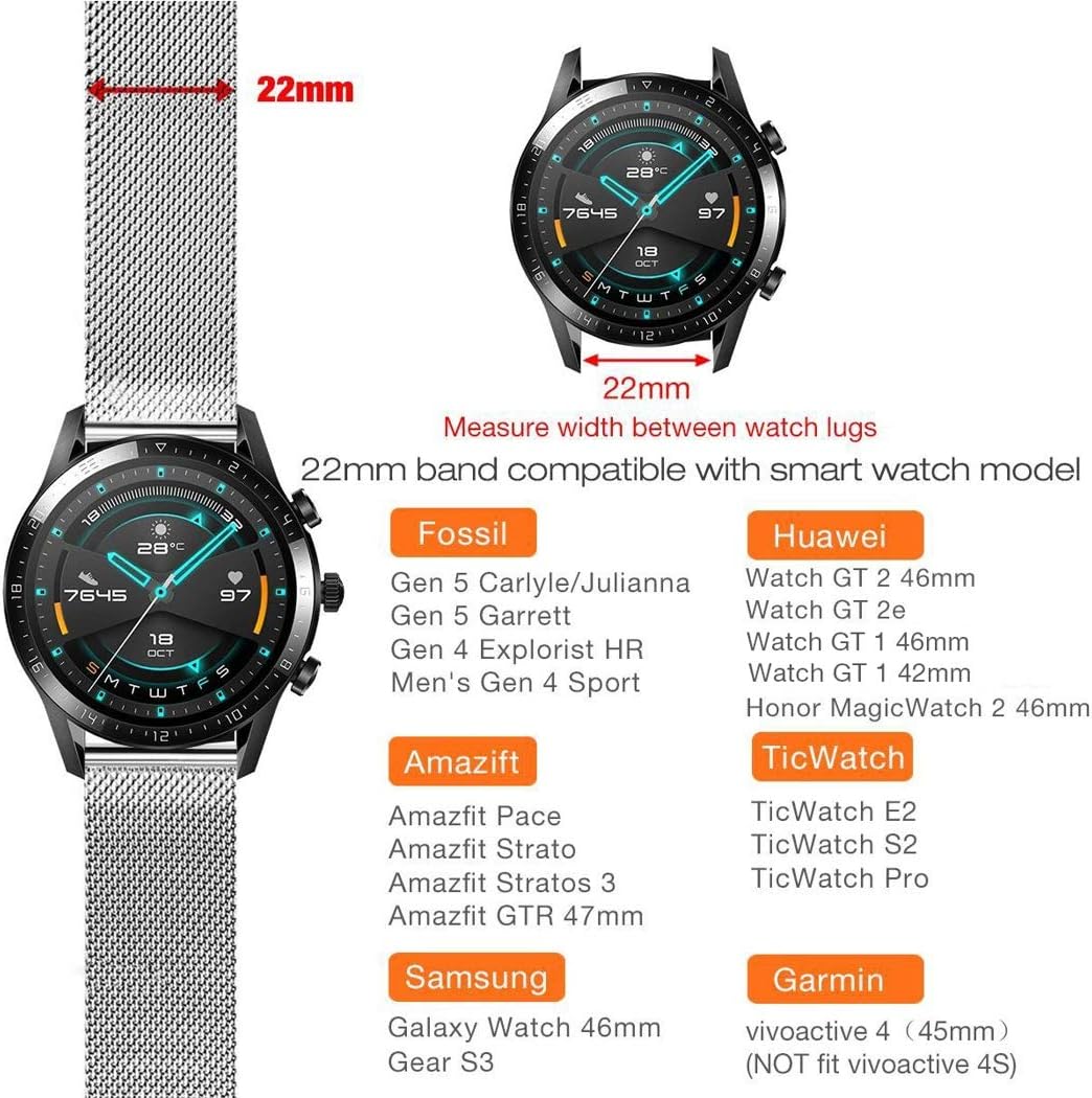 Buy YOOSIDE Watch Strap for HUAWEI Watch GT 2 46mm/Samsung Galaxy Watch  46mm, Stainless Steel Metal Mesh 22mm Quick Release Wristband Strap for  Garmin Vivoactive 4,Fossil Gen 5 Carlyle/Julianna (Silver) Online in