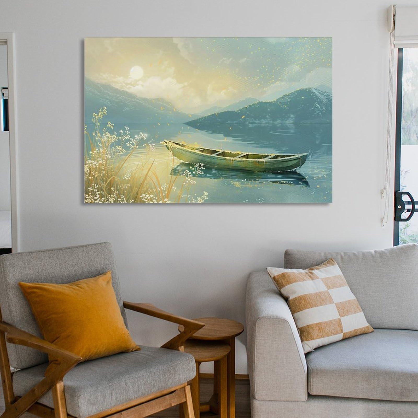 Amazon.co.jp: 絵画 ボートは山の川の岸辺に止まっていますインテリア