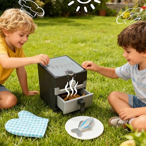 Miniatura 8 de Freidora de aire de madera, 15 piezas, juego de olla a presión de 18 piezas para niños, juguete de cocina con accesorios de alimentos, utensilios