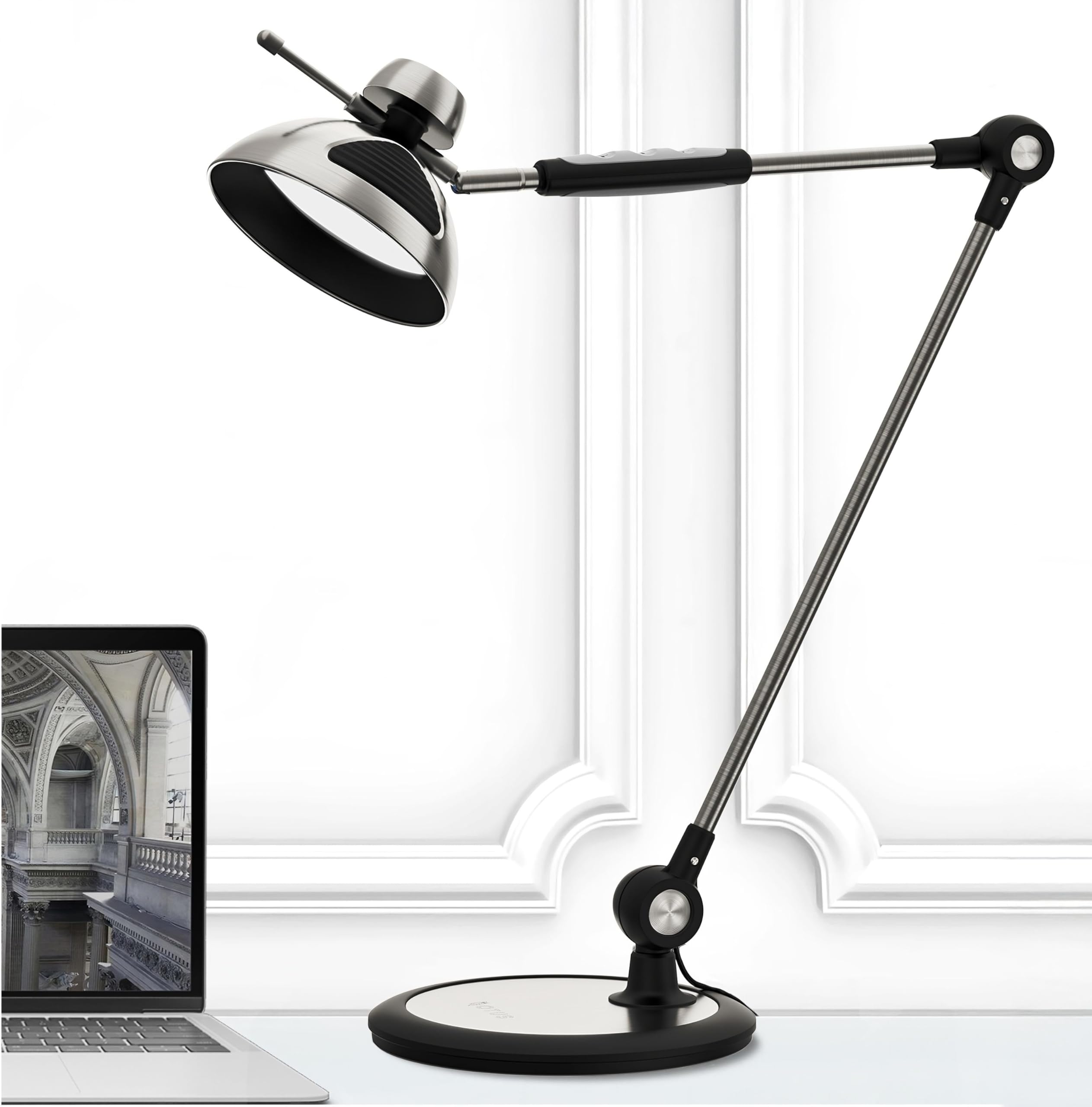 OTUS Lámpara de escritorio LED para arquitecto Lámpara de metal con brazo oscilante para el hogar, la oficina, 12 niveles de brillo, 3 modos de color de iluminación, Luz de mesa de dibujo ajustable