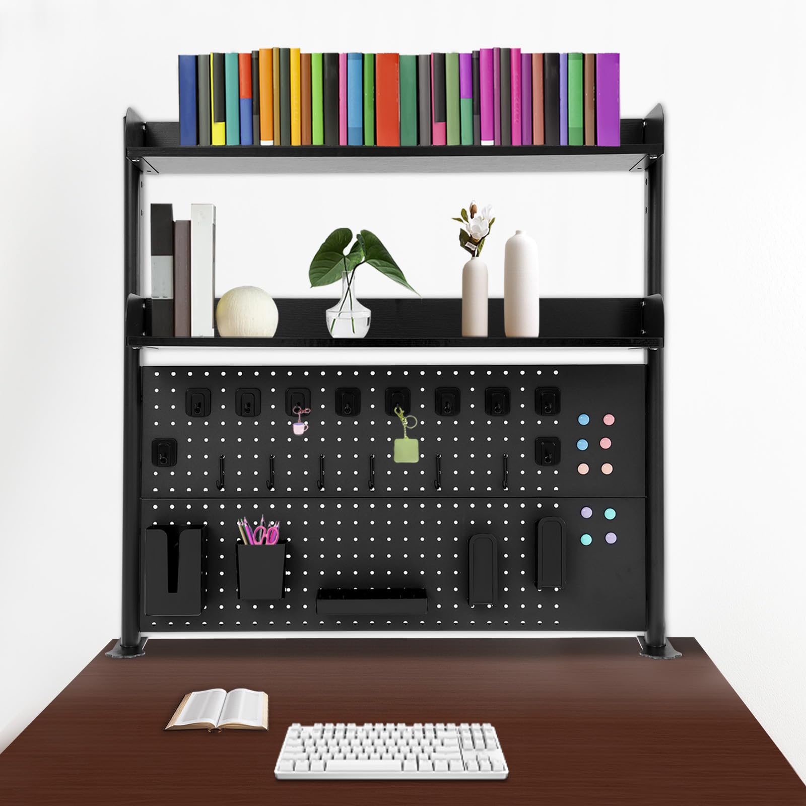 Estante de Escritorio 3 Niveles con Barreras Anticaídas, Organizador de Mesa para Libros y Papelería con Abrazadera Ajustable, Soporte para Oficina y Estudio, Negro