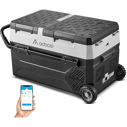 AAOBOSI 12 Volt Car Refrigerator, 45Qt (42L) Portable Car Fridge Freezer Electric Cooler Dual Zone Extension Handle, -4℉~68℉ 12/24V DC and 110-240V AC, Mini Fridge for Camping, Travel, Truck, RV