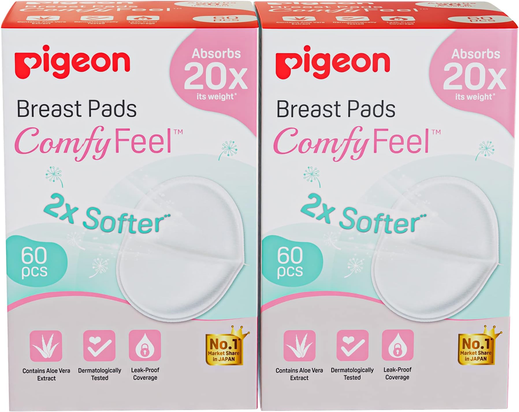 Disposable Breast Pads,Comfy Feel,2X Softer ,Gentle on Skin,Stay Dry All Day,Aloe Vera Extract,Dermatologically Test,Leak Proof Coverage,White,60 pcs,Pack of 2