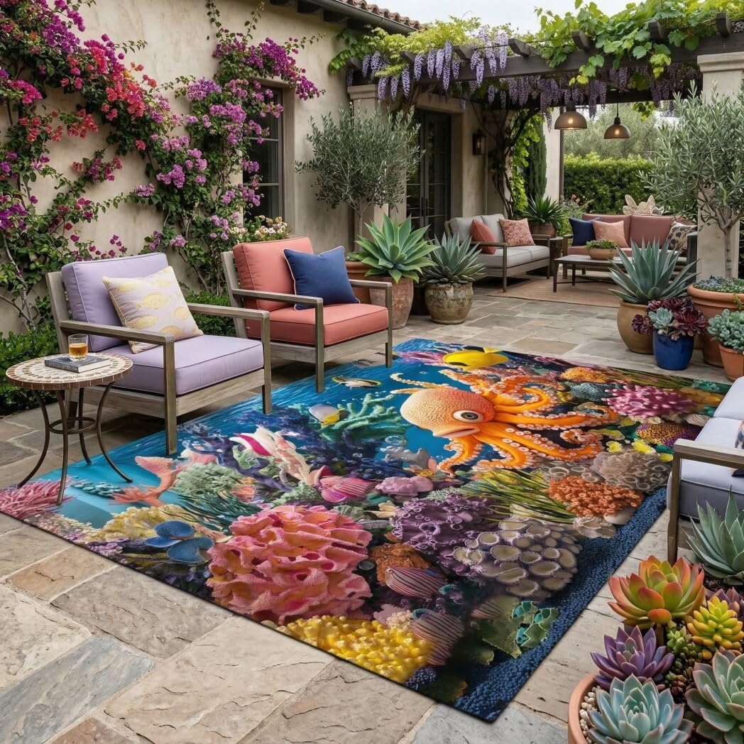 Unique Coastal Modern Outdoor Rug 3x5 Beach Theme Decor Tropical Octopus Fish Coral Print Multicolor Rugs for Patios Deck Backyard Balcony Garden Pool Waterproof Thin Non Skid Floor Carpets