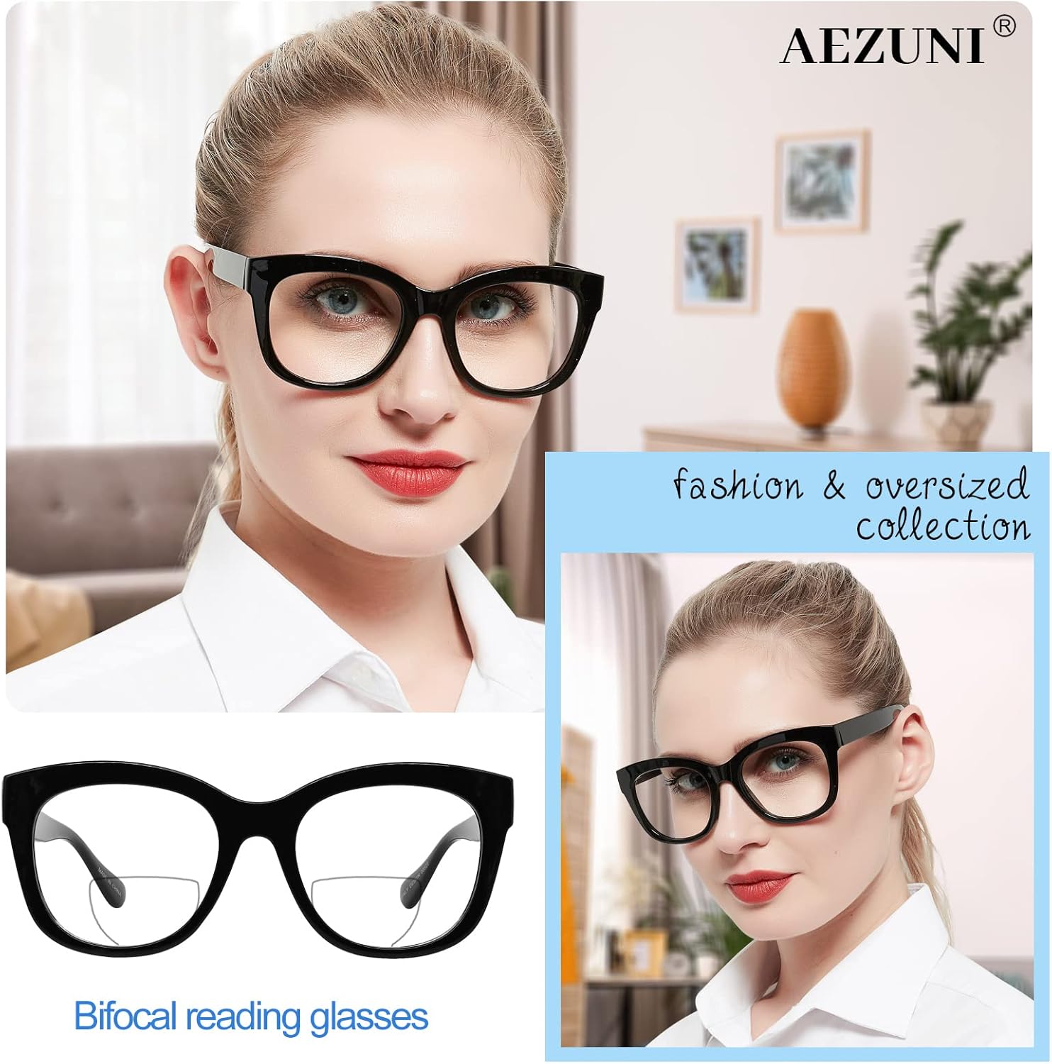 AEZUNI Oversized Bifocal Reading Glasses Women Big Frame Blue Light Readers 1.0 1.25 1.5 1.75 2.0 2.25 2.5 2.75 3.0 3.5