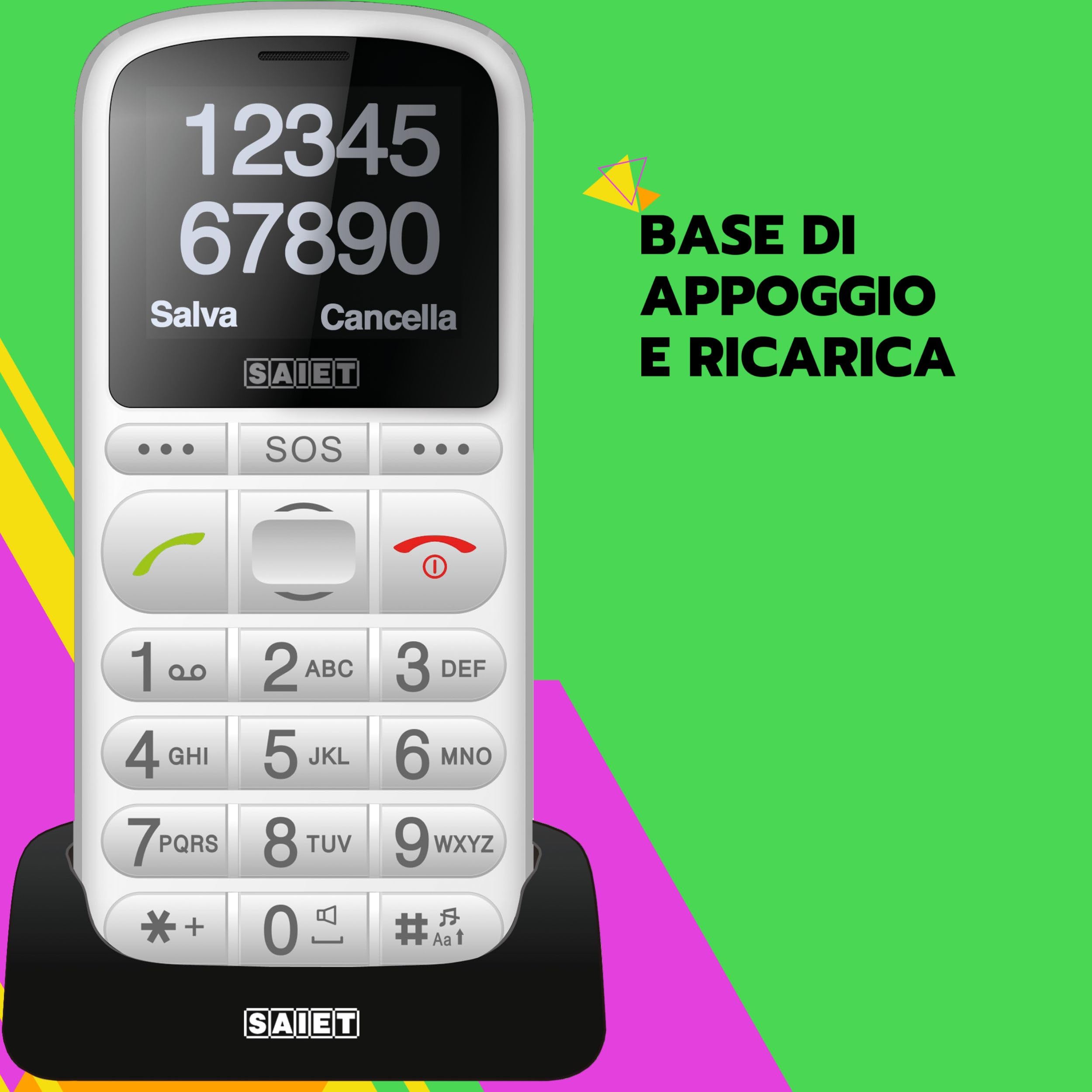 SAIET - Cellulare per Senior Facile da Usare PRONTO MAX - Telefono per Anziani con Tasti Parlanti e Caratteri Grandi - Bianco