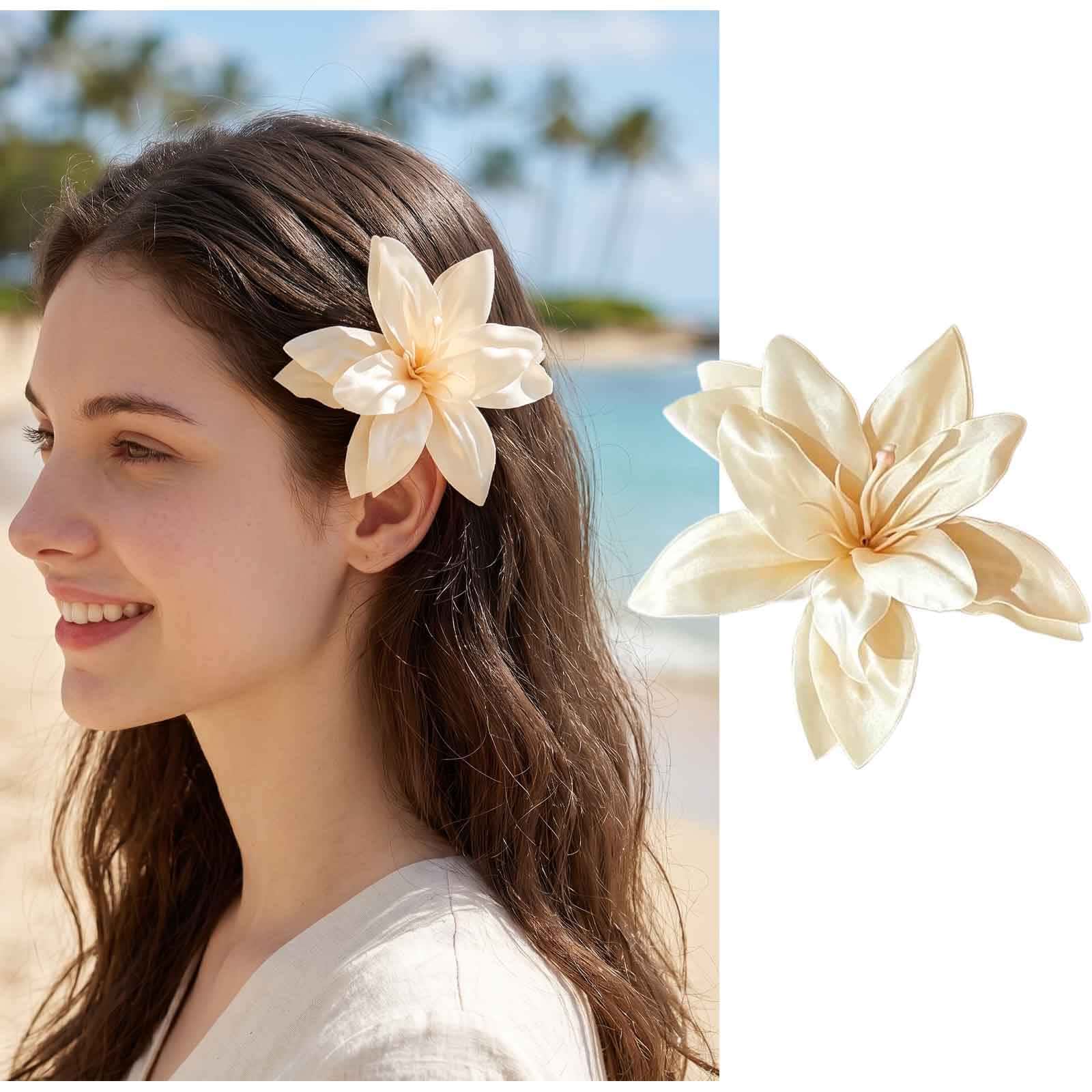 Bohemian Lily Flower Hair Clip Beige Hawaiian Flower Hair Barrette Beige Lily Floral Hairclips Barrette Large Hawaiian Tropical Flower Hairpins for Vacation Beach Party,Photo Props Floral