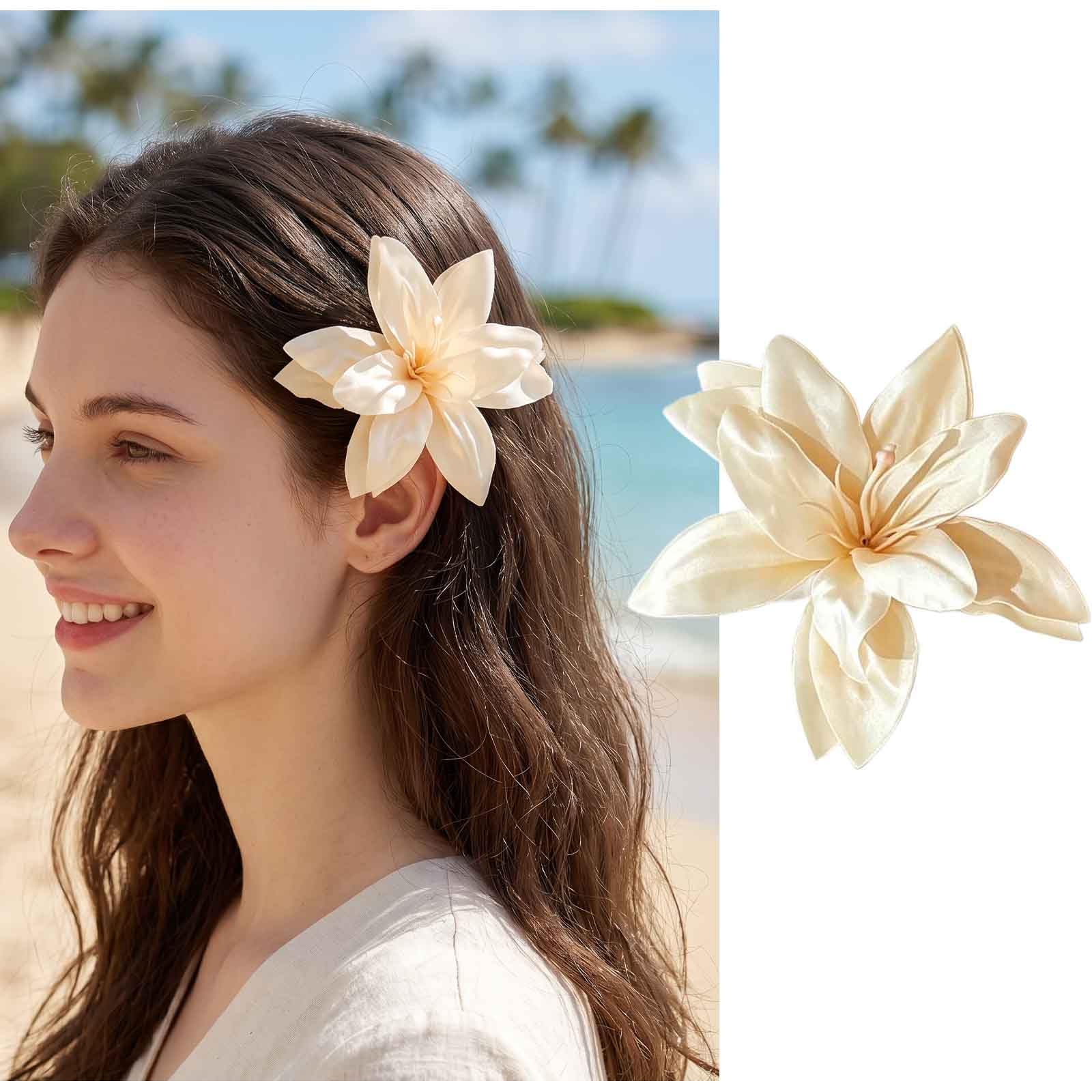 Photo 1 of IRCOMULTI Bohemian Lily Flower Hair Clip Beige Hawaiian Flower Hair Barrette Beige Lily Floral Hairclips Barrette Large Hawaiian Tropical Flower Hairpins for Vacation Beach Party,Photo Props