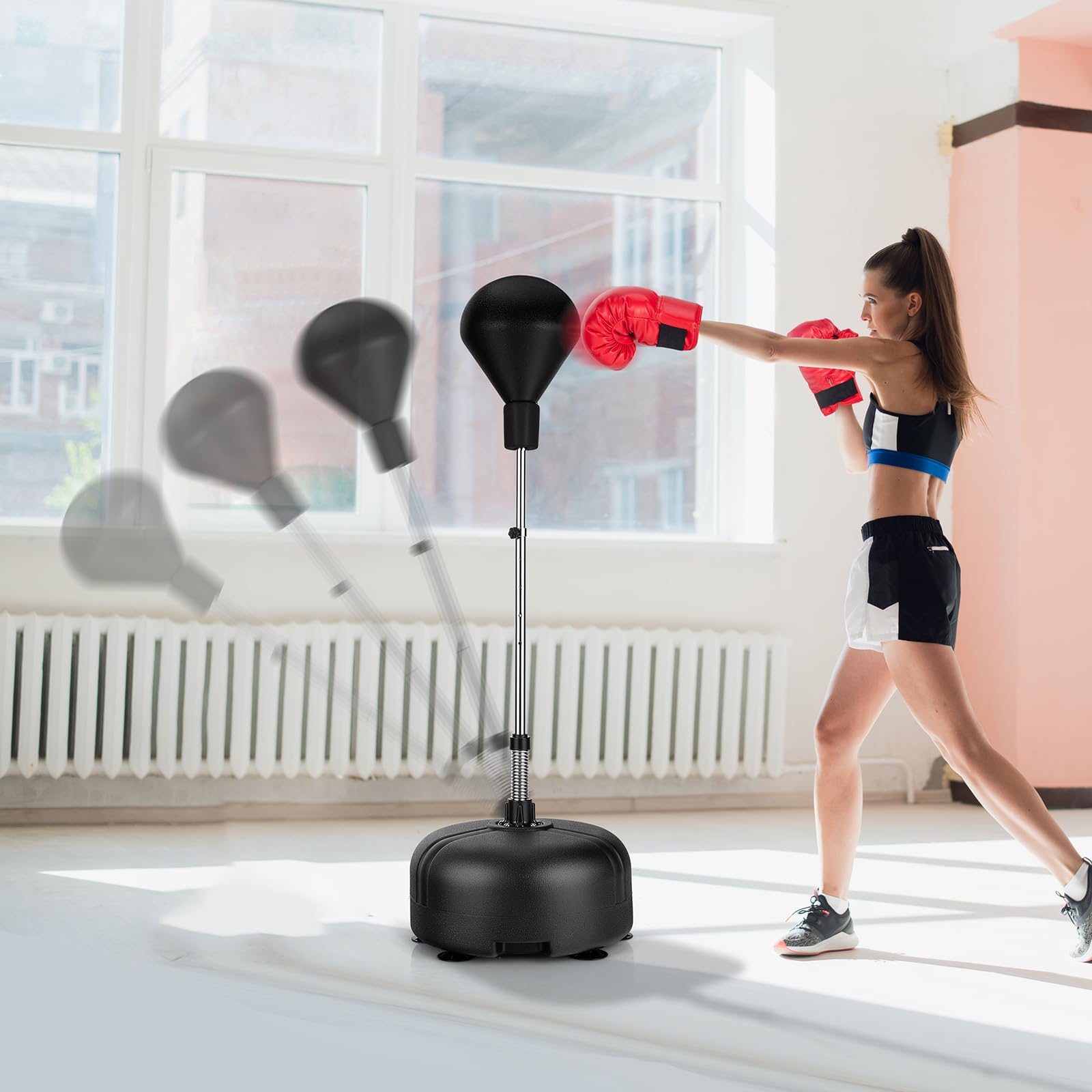 KOMFOTTEU Worek bokserski z regulacją wysokości 140-158 cm, Punchingball z rękawicami bokserskimi, stojąca piłka bokserska z nadziewaną podstawą dla dzieci i dorosłych