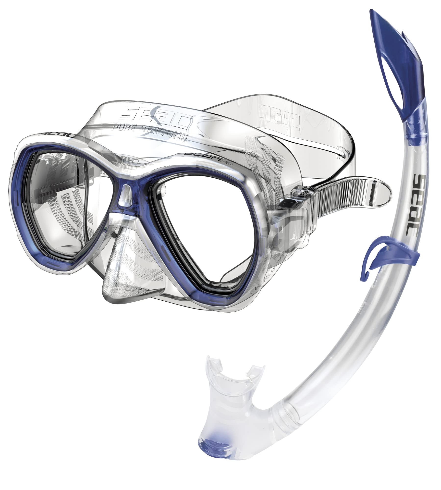 SEAC Set Elba, Snorkeling Set including Underwater Mask and Snorkel with Water Drain Valve for Boys and Girls Transparent/Blue, Narrow