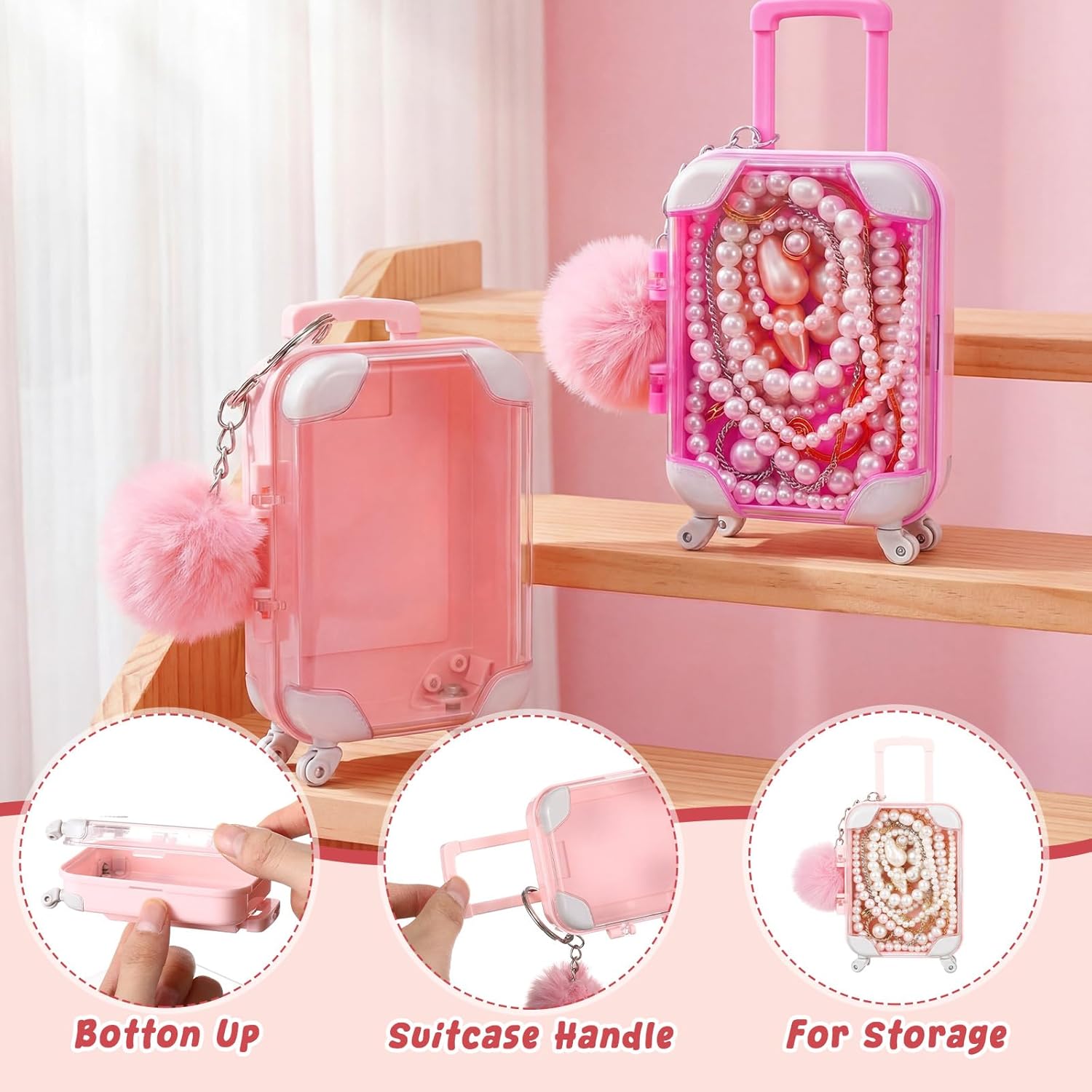 Fiwochic 20 Pcs Translucent Mini Suitcase Party Favor Boxes with 20 Plush Keychains, 3.94"x2.36" Clear Luggage Treat Boxes, Small Jewelry Lash Packaging for Bachelorette Bridal Shower (Pink Rose Red)