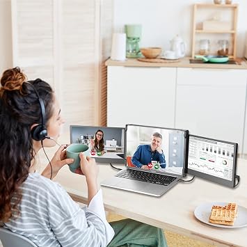 12 Laptop Monitor Extender, Portable Monitor for Laptop HDMI USB C Dual Screens Extender FHD 1080P, Plug-Play Tri-Screen for Windows, Chrome, Mac and Switch, Work with 13-16 Laptops
