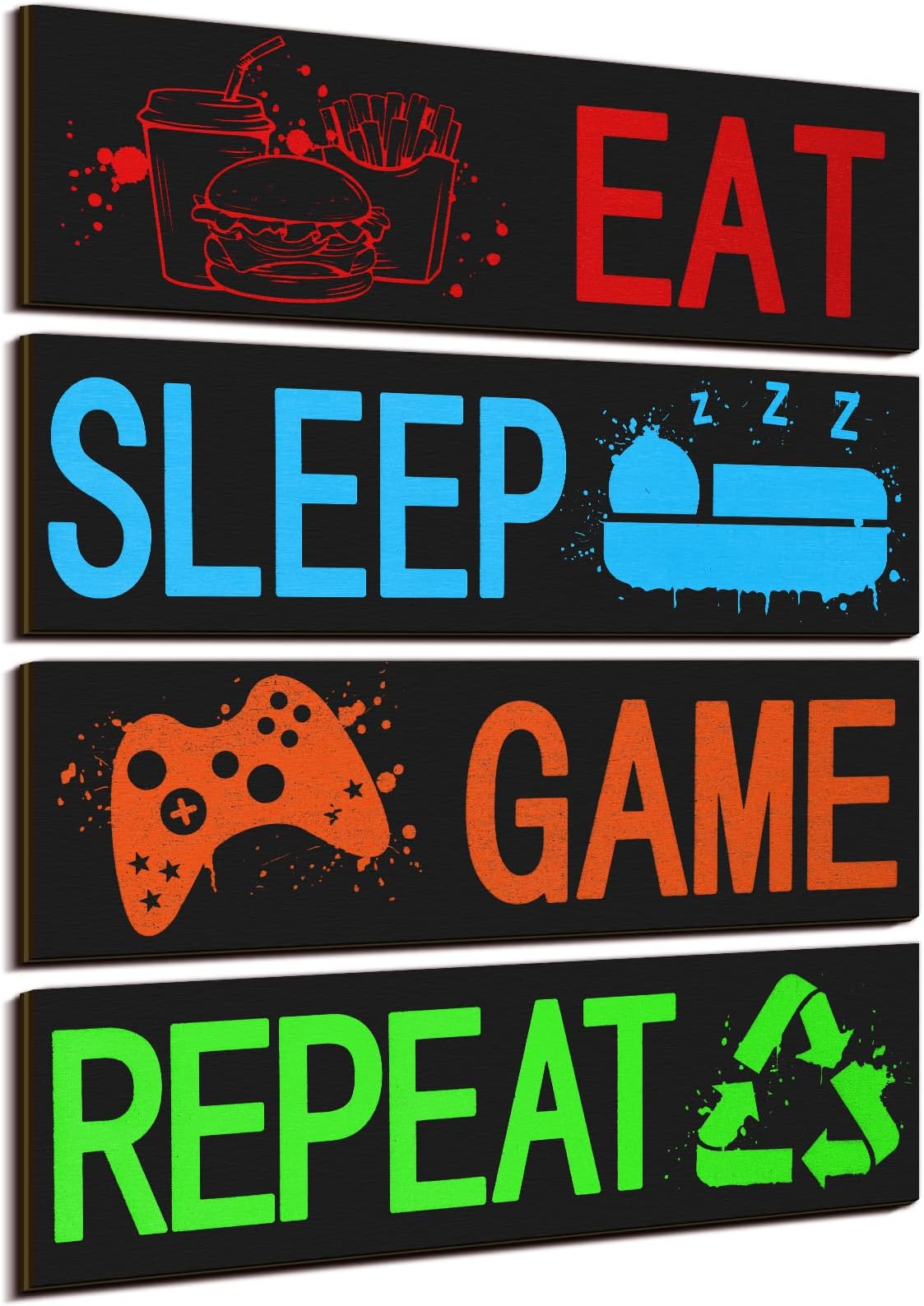 Queekay 4 Pcs Gaming Decor for Teen Boys Room Neon Video Game Posters Wooden Gamer Wall Art Prints for Bedroom Kids Boys Room Playroom Home Decorations Christmas Gift, 8 x 3 Inch(Graffiti Block)