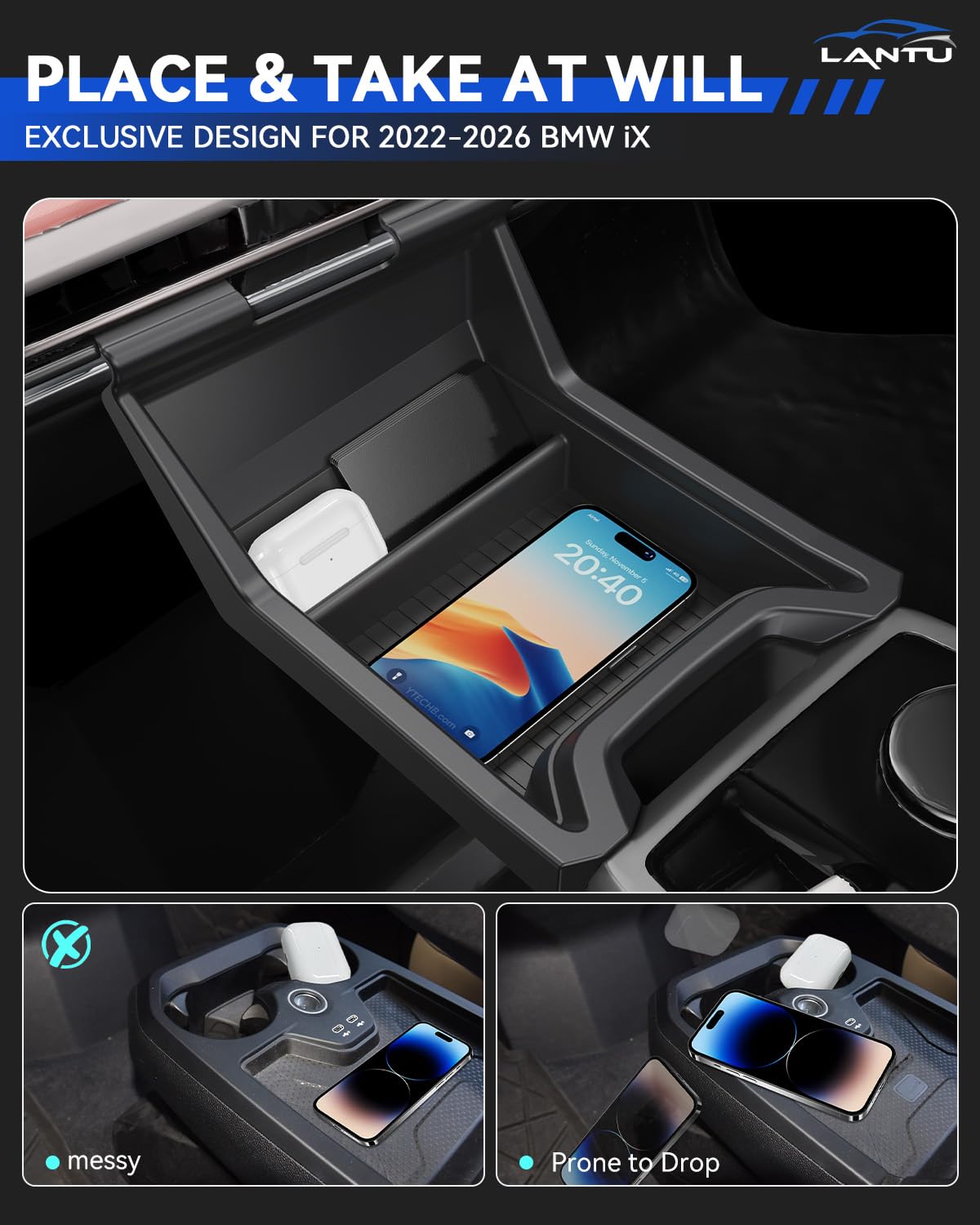 Mittelkonsole Organizer Tray für BMW iX 2022-2025 Aufbewahrungsbox mit Anti-Slip Flüssiges Silikon BMW iX Zubehör Patented Design (Obere)
