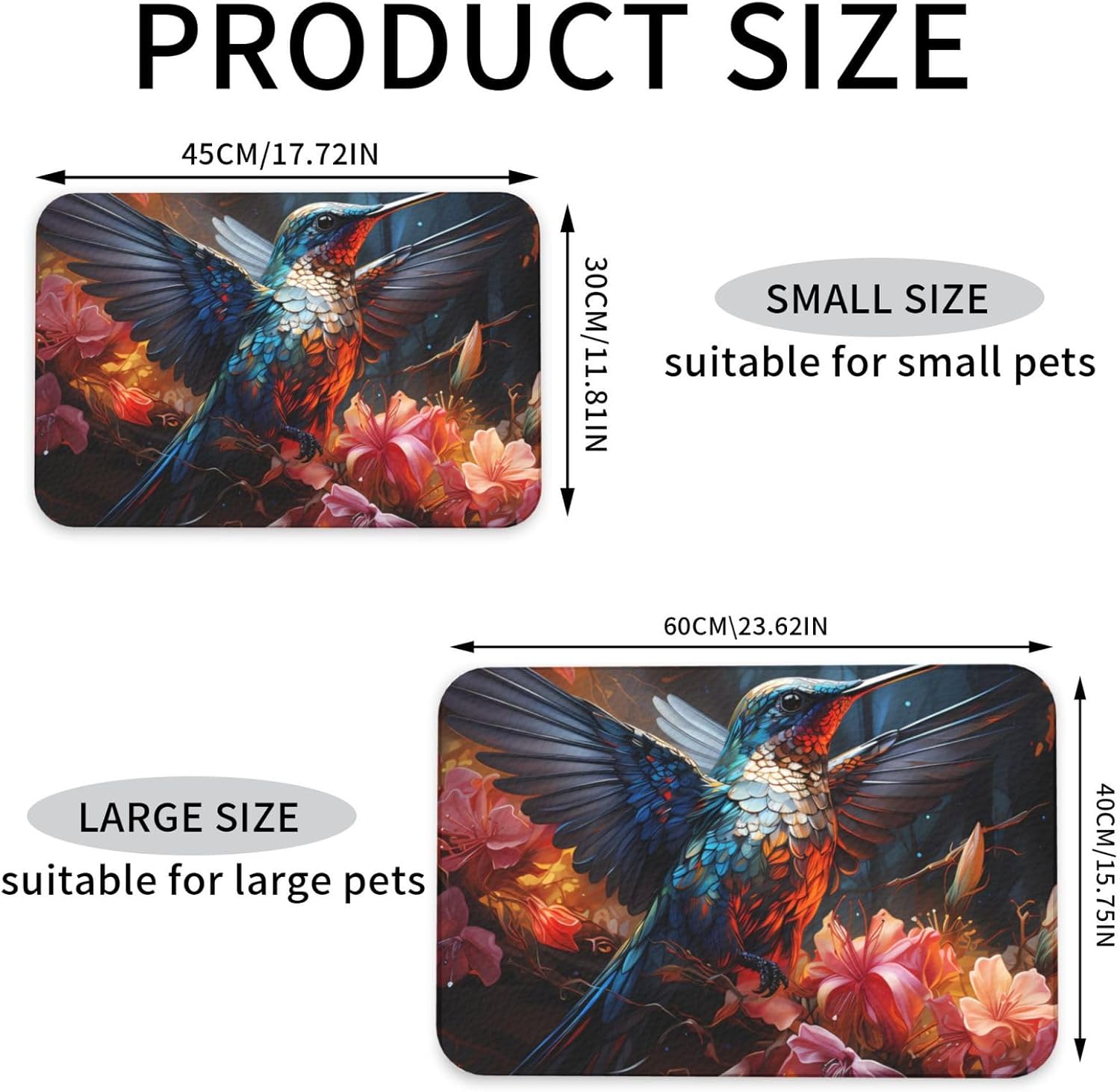 30x45cm Hummingbird Print Pet Absorbent Feeding Mat - Quick Dry Food Pad/Leather Placemat, for Dog Cat Food Bowl Water