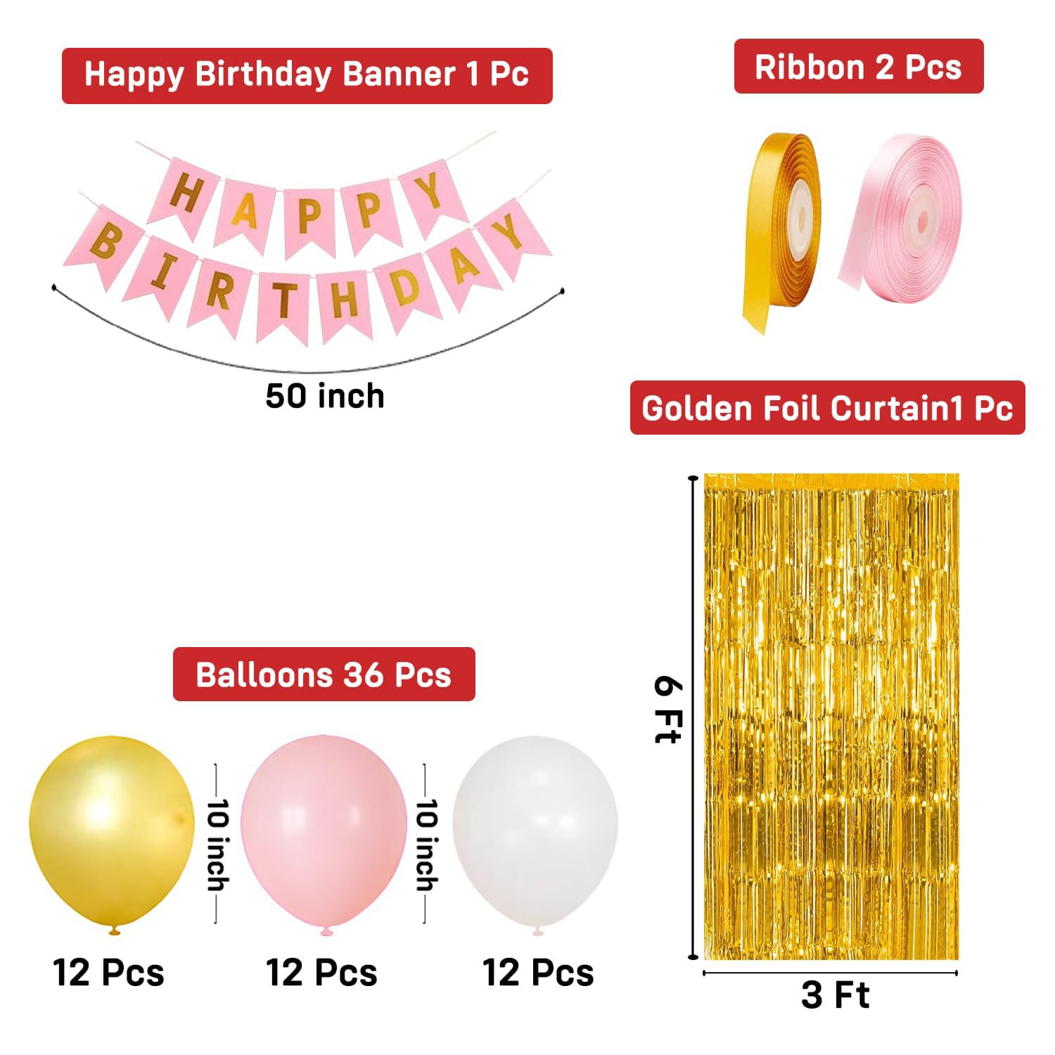 Party Propz Happy Birthday Decoration Kit - 40 Pcs Pink Birthday Banner Set, Balloons, Golden Foil Curtain, Balloons For Decoration, Bday Decoration Kit for Girls (Cardstock, Foil, Latex)