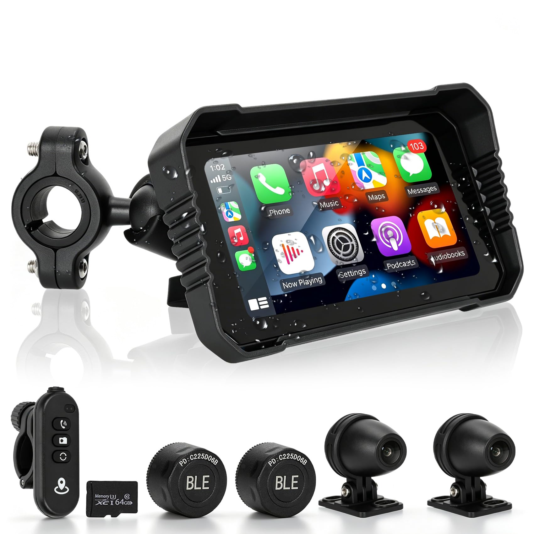 6.25" Motorcycle CarPlay Screen (Includes 64G SD) with Android Auto | Wireless GPS Car Play with TPMS, Dual 2K Dash Cam & Bluetooth Audio, HD Waterproof Rotatable Screen