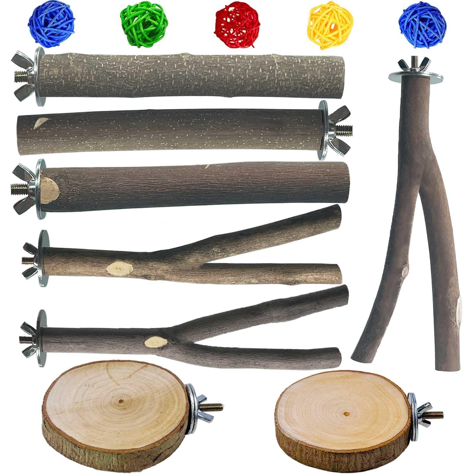 8 PCS Natural Wood Bird Perches Stand for Cage, 5 PCS Parrot Rattan Balls, Wooden Hanging Multi-Branch Perches Platform, Hammock Swing Toy for Parakeets, Budgies, Cockatiels, Conures, Macaws (13 PCS)