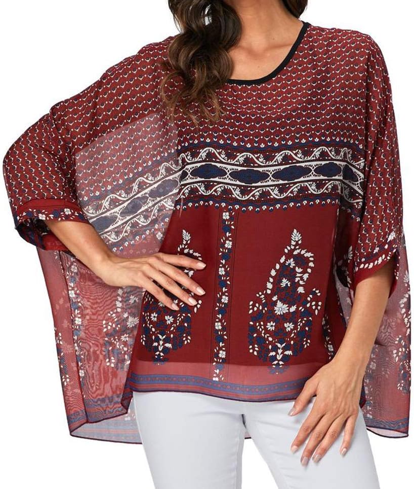 Qunsia Women's Chiffon Caftan Poncho Tunic Top Cover up Batwing Blouse