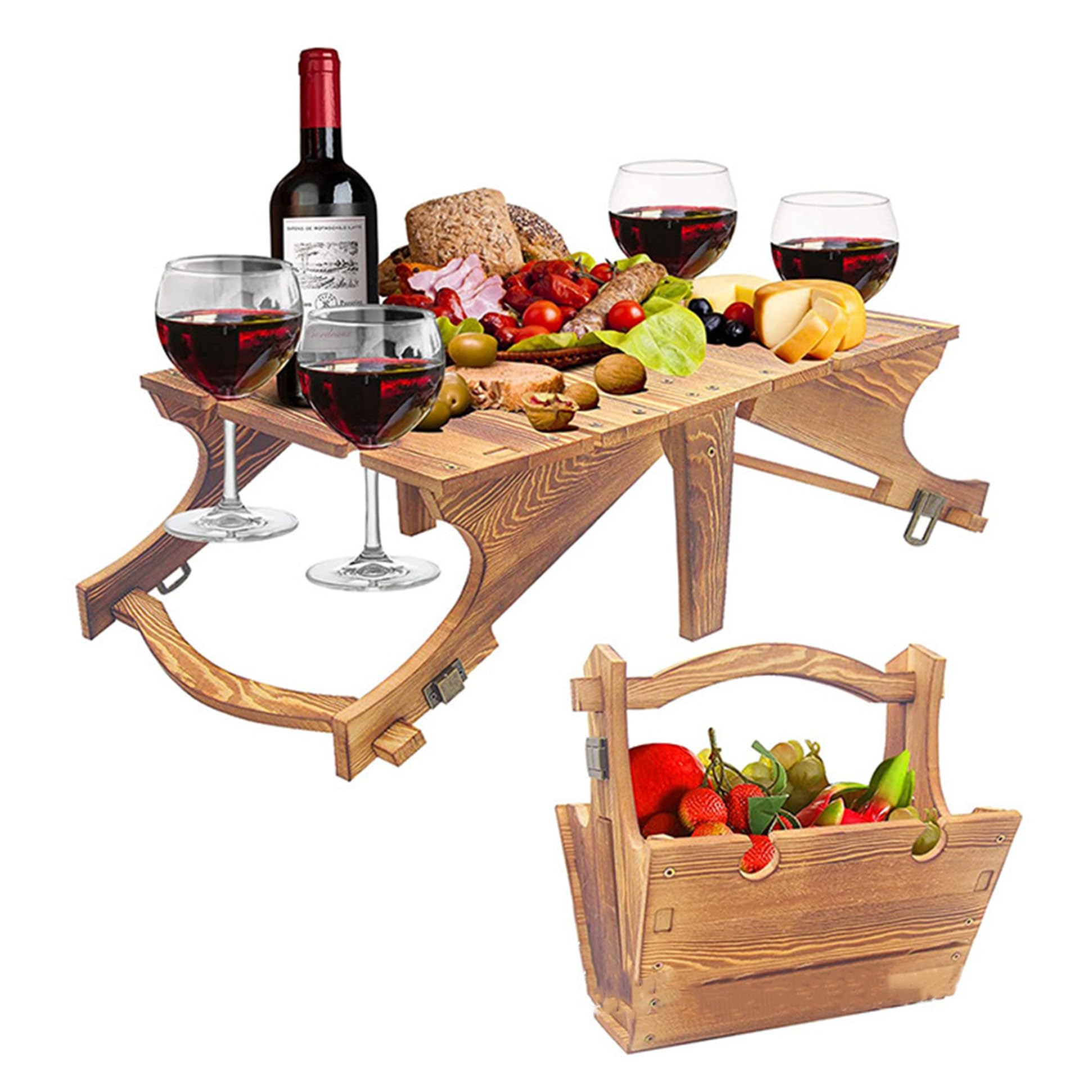 Pineeseatile Picnic Table 2-in-1 Wooden Folding Basket Table for Camping Beach, 11.8x9.1x5.9 Inch, with Wine Glass Holder Portable Outdoor Storage Wine Lover Present