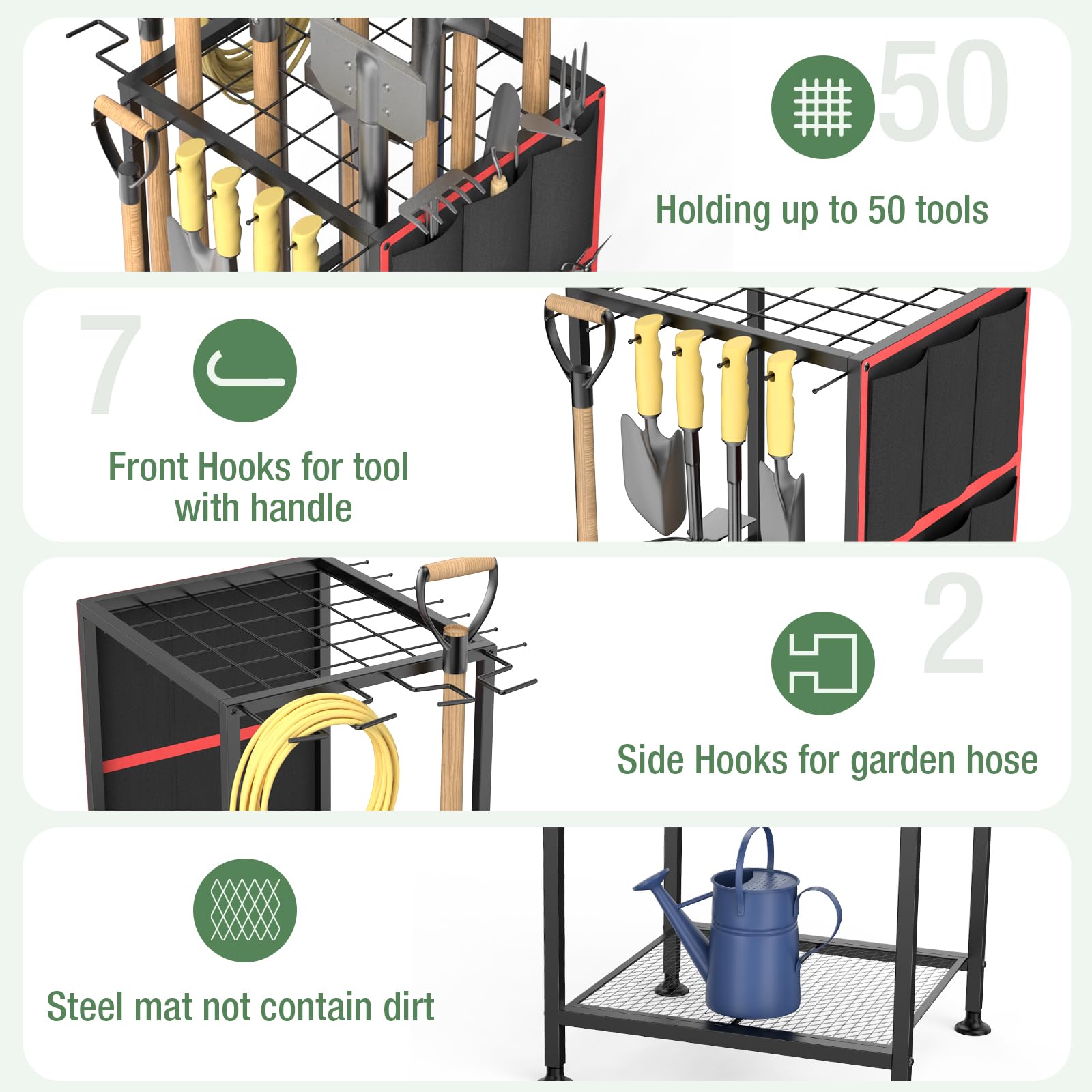 Garden Tool Organizer,Metal Yard Tool Organizer ,Holds 50 Long-Handled Tools/Rakes/Brooms,Side Garden Pocket ,Heavy Duty Steel Yard Tool Storage Rack for Garage,Shed, Outdoor