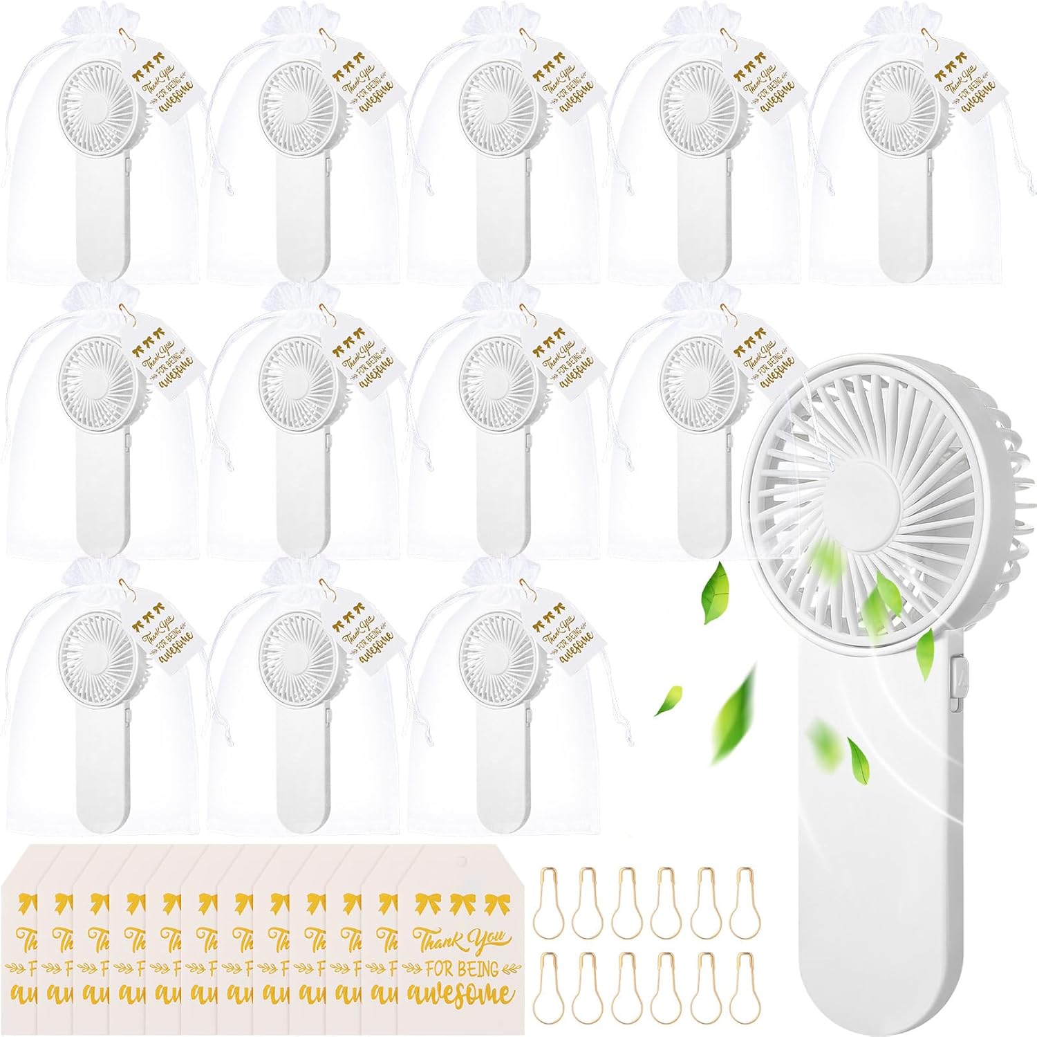 Sumind 12 Set Mini Handheld Fans Bulk with Thanks Cards Bags Summer Wedding Favors Thank You Gifts Battery Powered Portable Fans Employee Appreciation Gifts for Coworker Staff Travel (White)