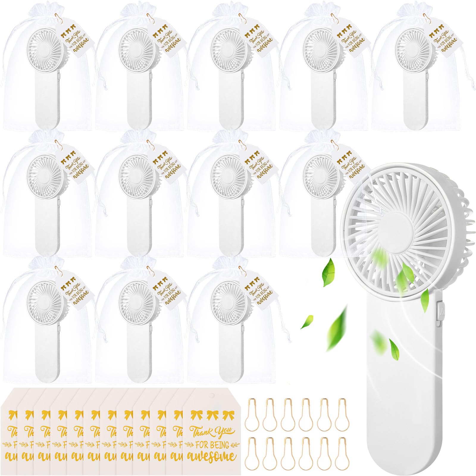 Mini éventail portable anti-chaleur en lot de 12 avec sachets et cartes cadeaux