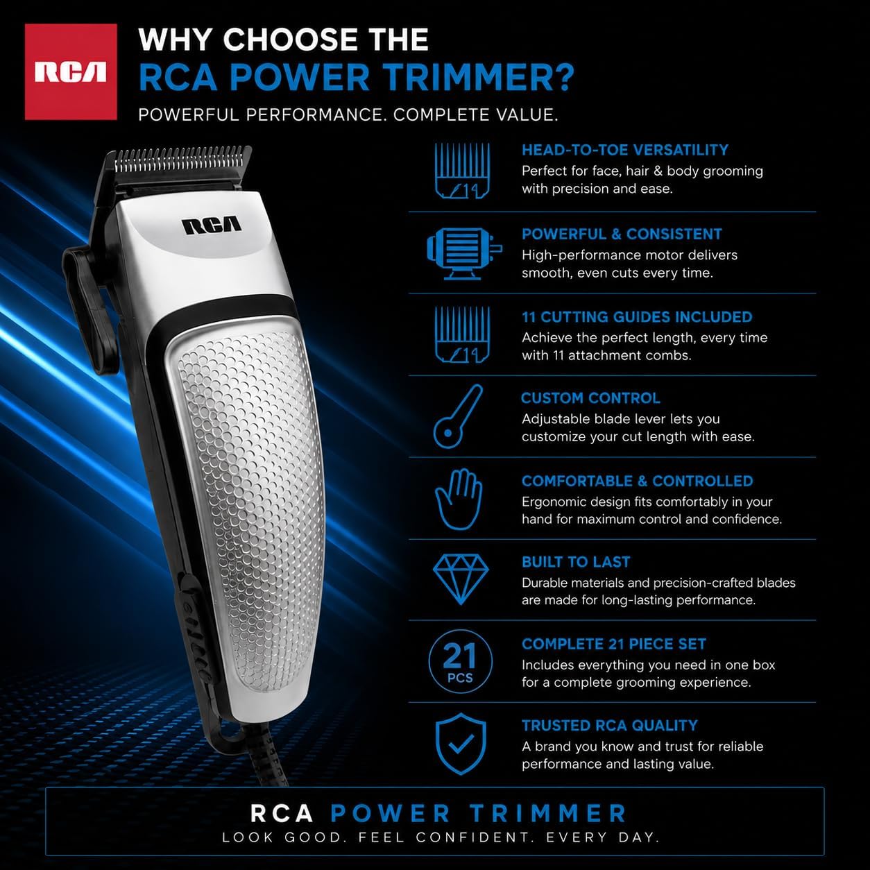 RCA Body Groomer for Men, Head-to-Toe Power Trimmer Full 21 PC Set, Body Hair Trimmer for Men with 11 Cutting Guides, Electric Razor for Men, All-Over Trimmer Kit with Storage Case