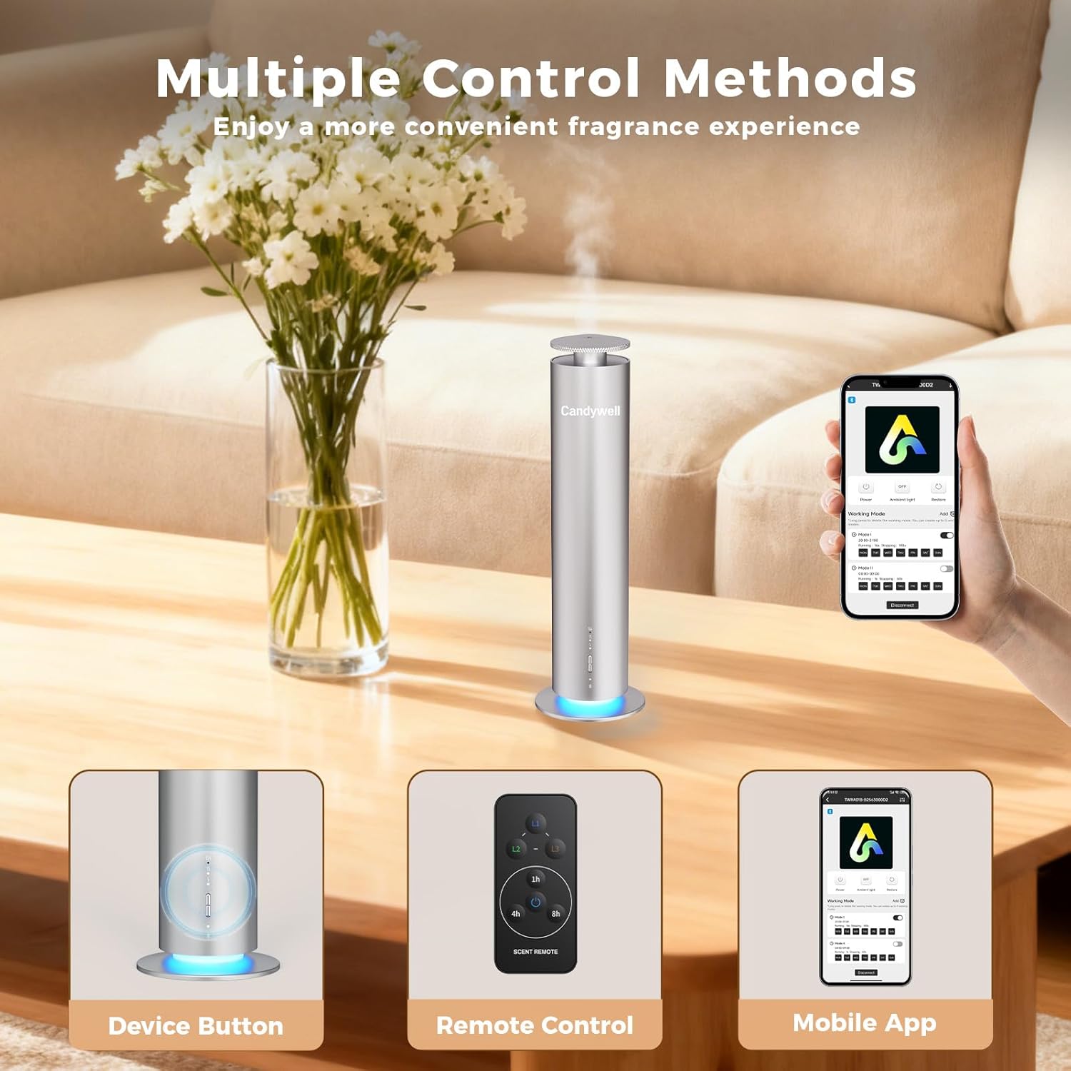 Waterless Scent Diffuser, Essential Oil Diffuser Machine - Cold Air Diffusion Tech for 1500 Sq Ft Large Room, Home, Office, Hotel & Spa, Starter Kit Includes 1 Scent Oil & Remote Control & APP