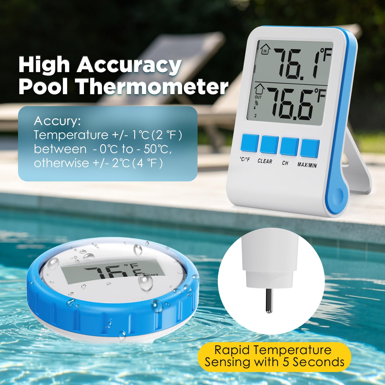 Termometro Piscina, RF433 Termómetro Piscina Flotante con Pantalla Digital de Fácil Lectura, Resistente al Agua IPX8, Risparmio Energetico, para Piscina, Jacuzzis, Spa, Acuario