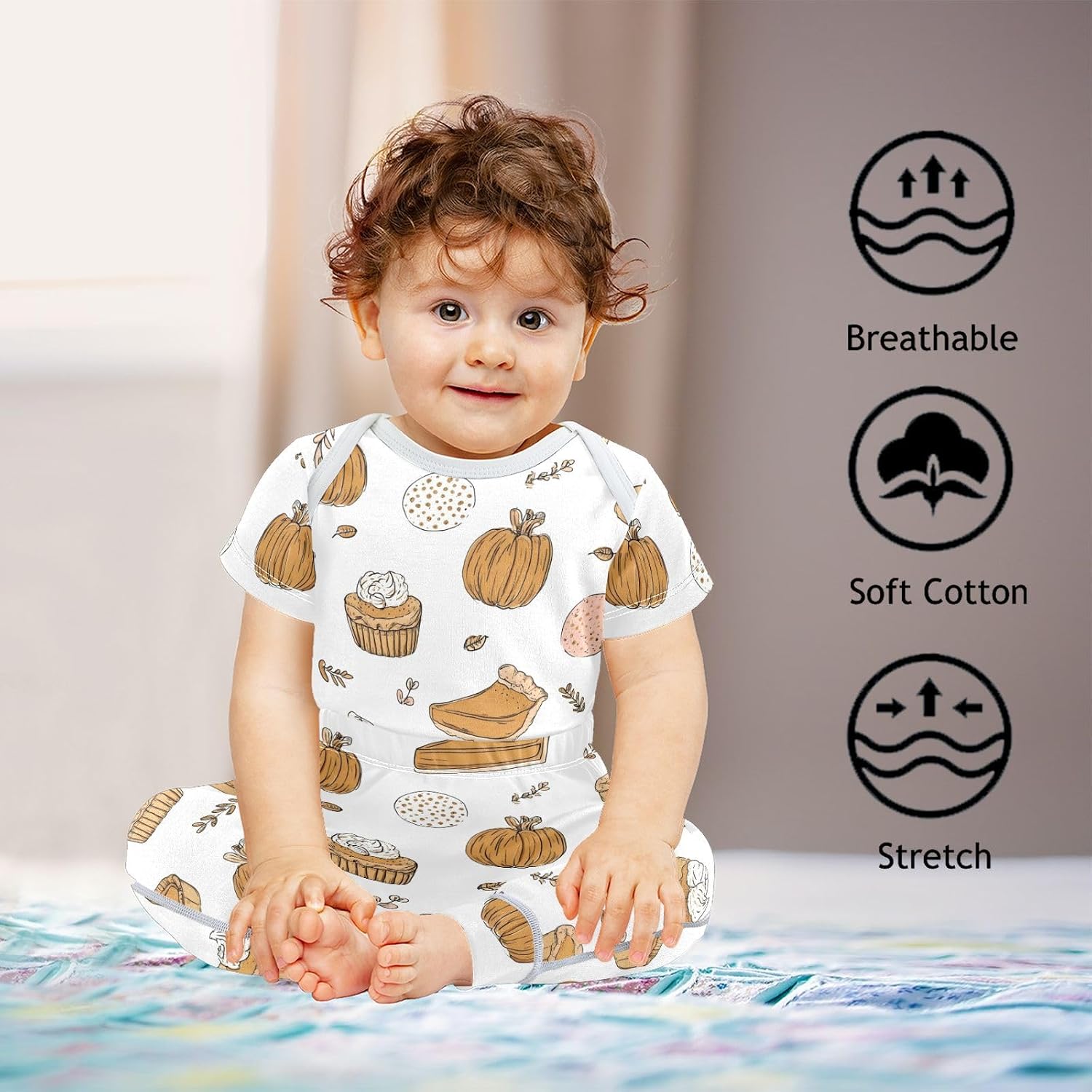 vvfelixl Baby Clothes Pumpkin Pie Sweets Baby Bodysuits Set Unisex Short Sleeve Babys Pants Sets 0-3M