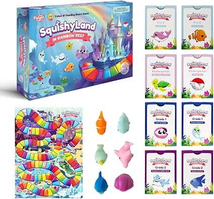 The Fidget Game SquishyLand in Rainbow Reef - Educational & Phonics Learning Activities for Children in Pre-K to 2nd Grade - Mochi Squishy Toys Set with Board Game (2-6 Players) & Card Packs Included