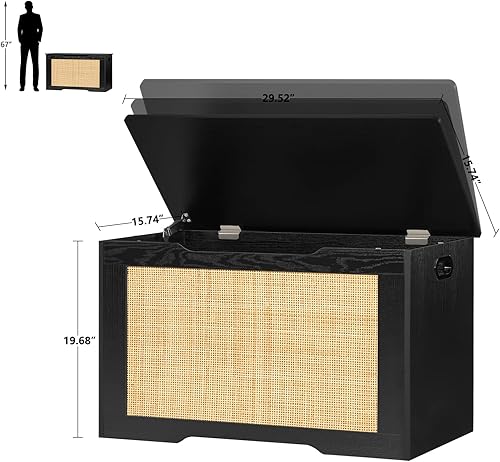 Miniatura 2 de usikey Baúl de almacenamiento de 29.5 pulgadas con ratán, caja de almacenamiento de madera con bisagra de seguridad y parachoques de gel, banco de
