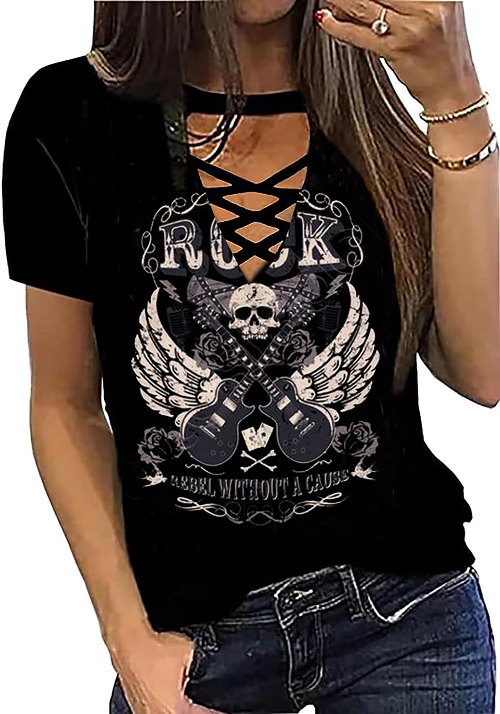 LLHXRUIRock Roll Guitar Wings T-Shirt for Women Hollow Out Country Music Graphic Tees Rock Band Concert Shirts Tops