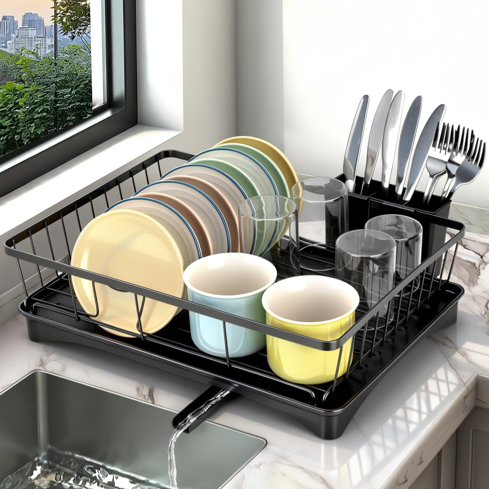 VINATO Scolapiatti da Appoggio, Scolapiatti da Lavello Salvaspazio Porta posate cucina con Bandeja Estraibile, Scolapiatti da Appoggio per Lavello Organizer Cucina 360° Scarico Regolabile, 42x30x13cm