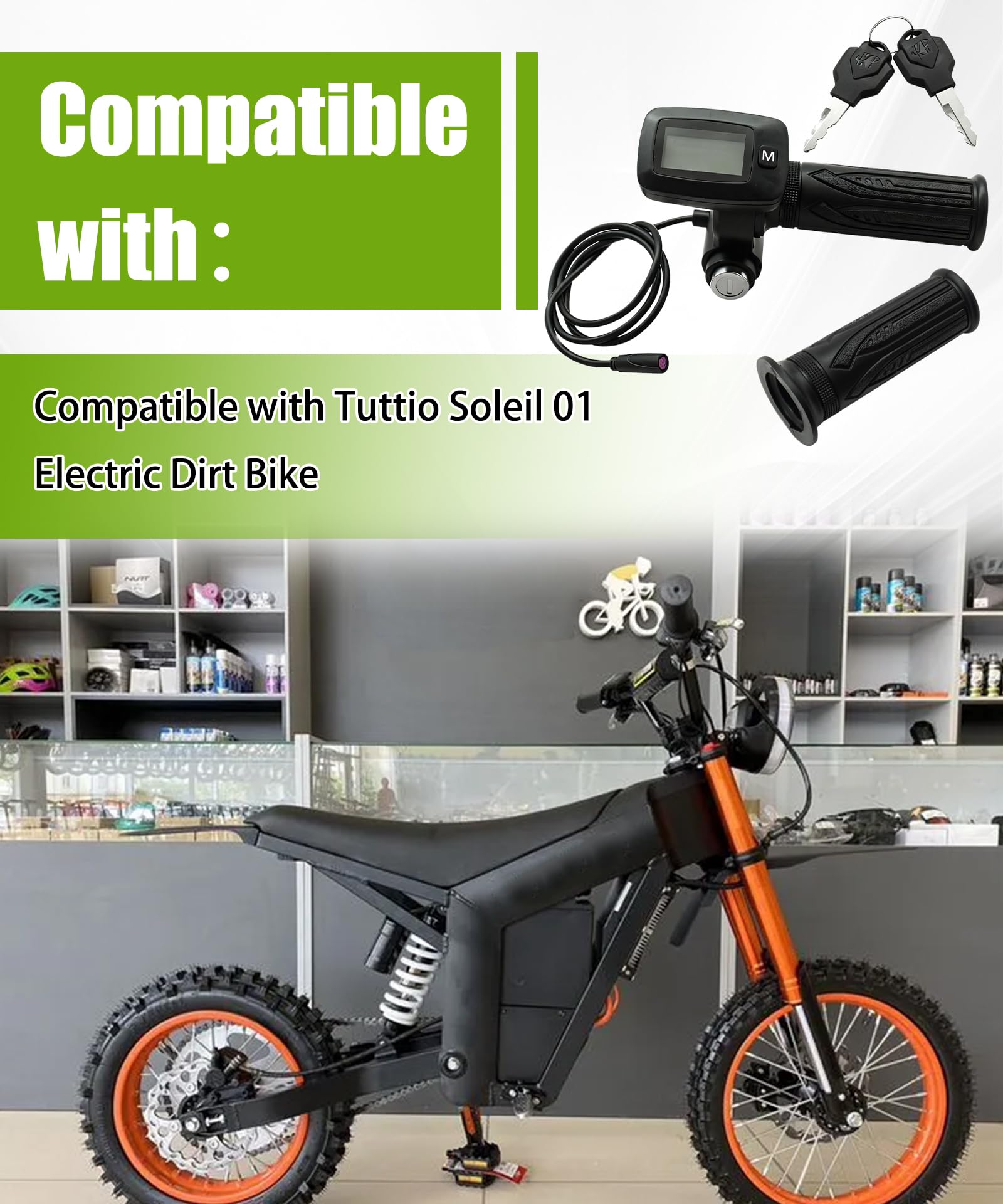 Accélérateur de vélo électrique avec écran LCD et bouton M uniquement pour moto tout-terrain électrique Tuttio Soleil 01. Remarque : le nouvel accélérateur et l'ancien accélérateur ne peuvent pas être