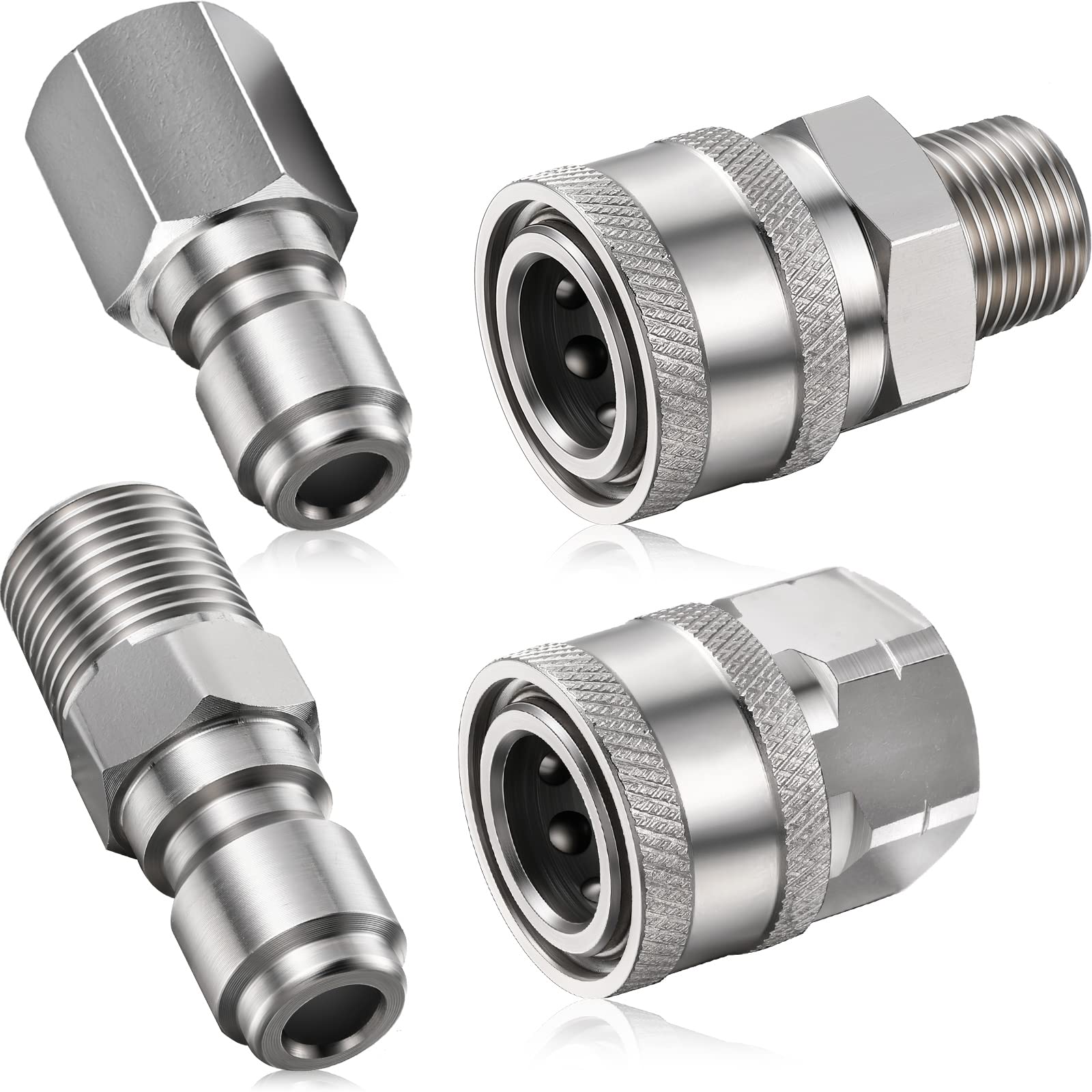 Hotop 2 Sets NPT 3/8 Inch Stainless Steel Male and Female Quick Connector Kit Pressure Washer Adapters